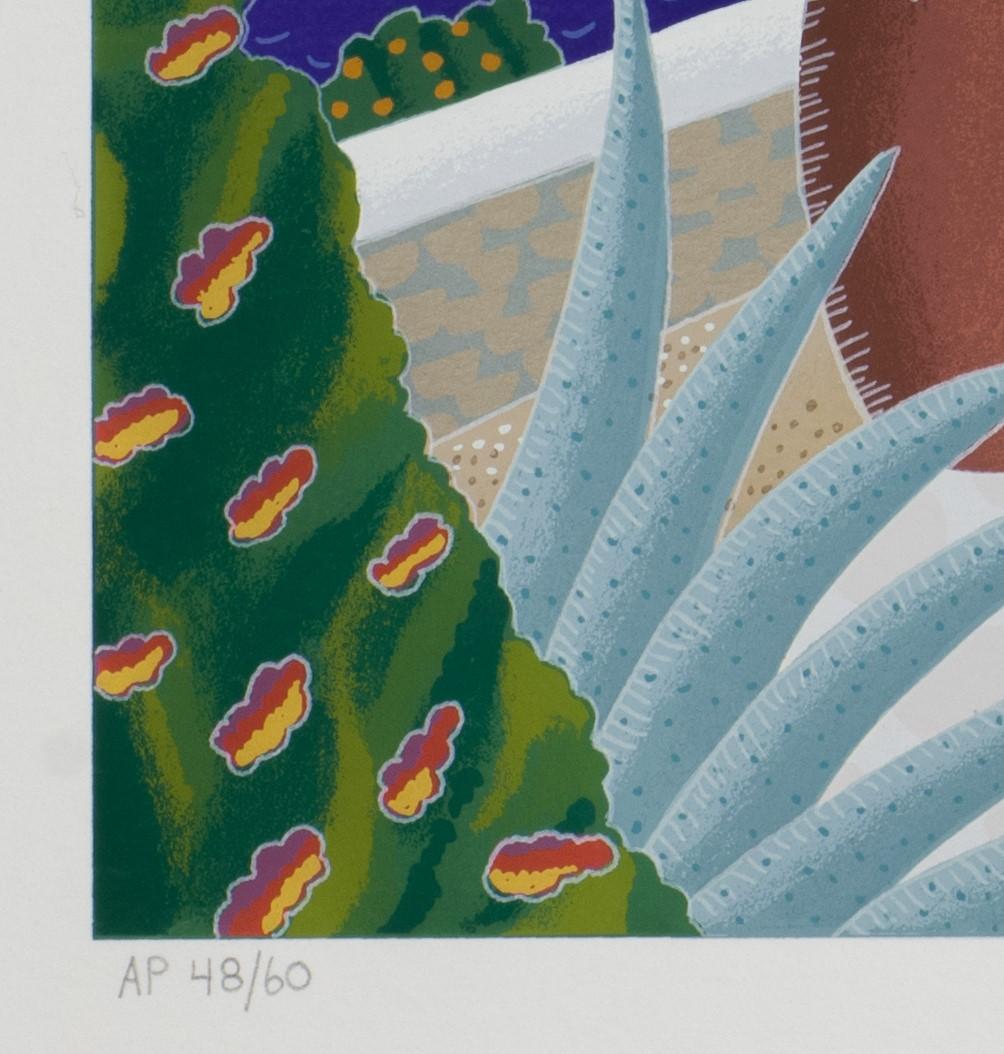 Sunset Hill - Mykonos ist eine Serigrafie auf Papier mit einer Bildgröße von 20 x 36 Zoll, signiert 'McKnight' unten rechts und nummeriert unten links. Gerahmt in einem modernen schwarzen Rahmen. Nummeriert AP 48/60 aus der Ausgabe von (es gab auch