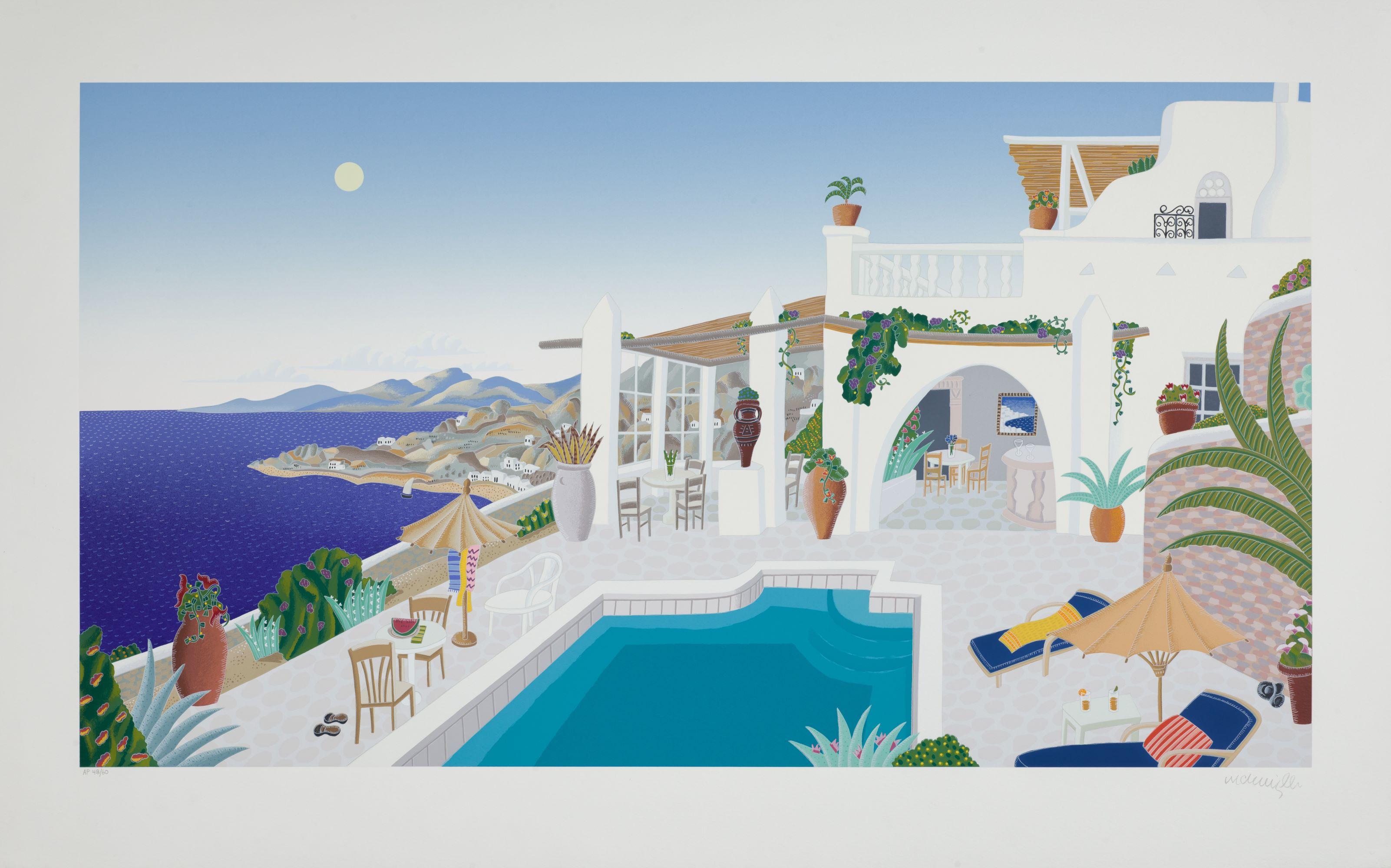 Thomas McKnight Landscape Print – Sonnenuntergang Hill – Mykonos