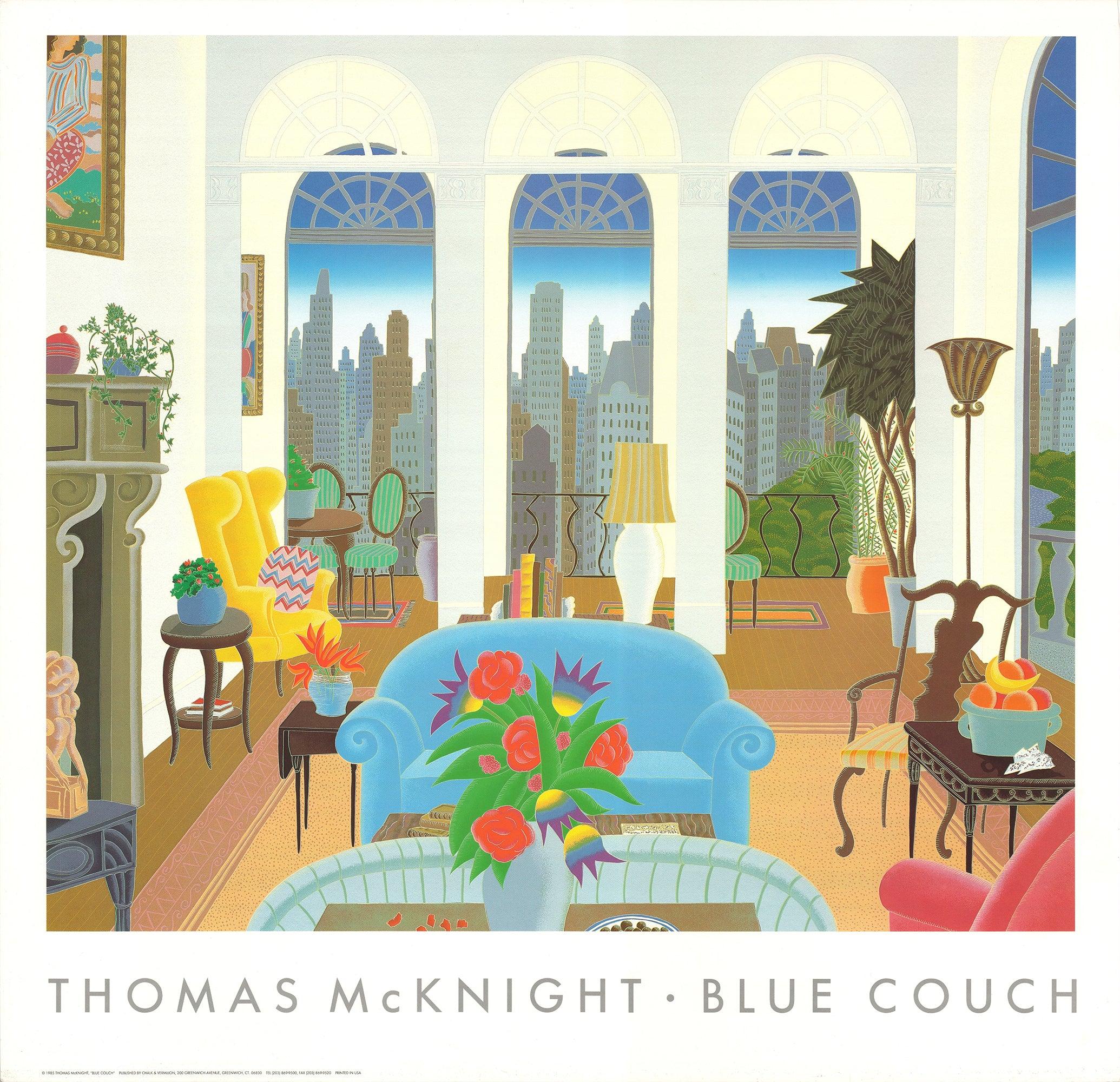 In "Blue Couch", McKnight's features his characteristic style, with the blue couch serving as a focal point within the composition. McKnight's paintings are often characterized by their attention to detail and their ability to transport viewers to