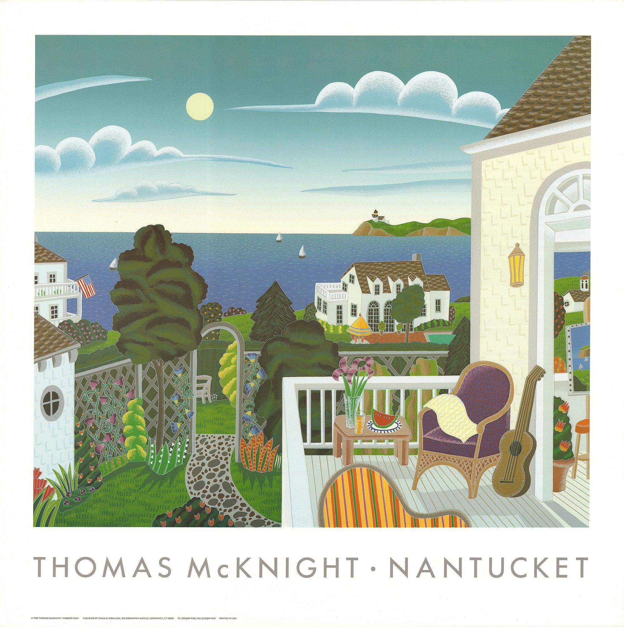 Thomas McKnights "Harbor View" ist ein Poster in limitierter Auflage, das die heitere Schönheit einer Hafenszene einfängt. Das Kunstwerk misst 18 x 18 Zoll und ist Teil von McKnights Mykonos I Suite, die 1984 entstand.
Die Komposition zeigt ein