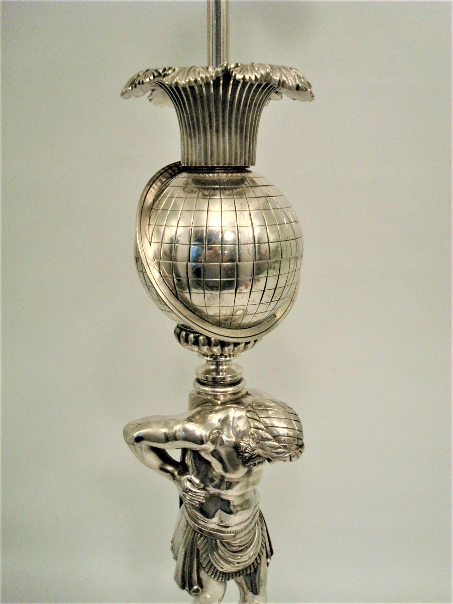 Silvered Thomas Messenger and Sons 'Atlas' Sculpture Bronze Lamp Base, England circa 1835 For Sale