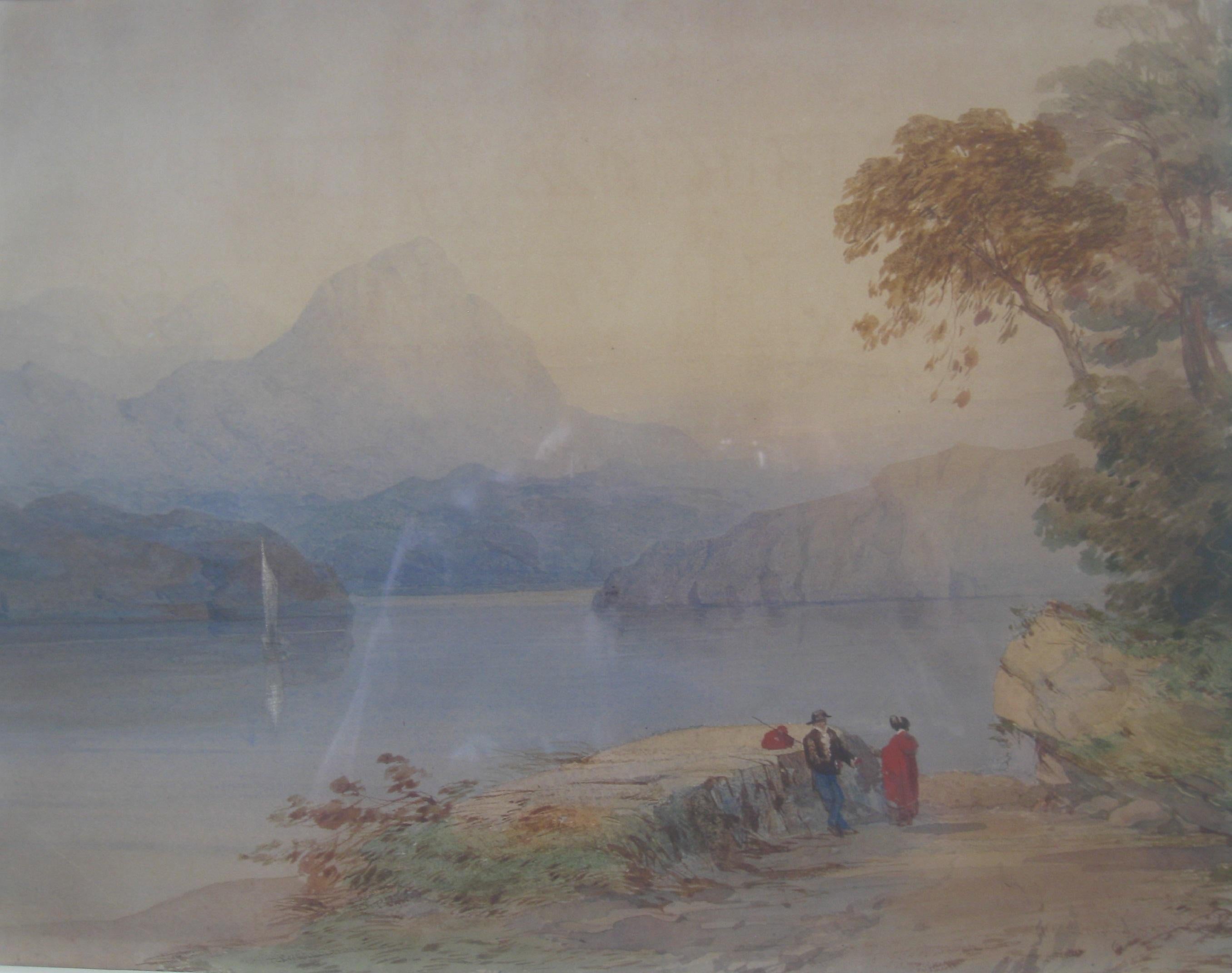A fine watercolor by Thomas Miles Richardson senior, (1784-1848).  A view of a Swiss lake and Alps with the Matterhorn mountain. One of the fine English Watercolourists of the 19th century. His works are in many Museum collections. Housed in an