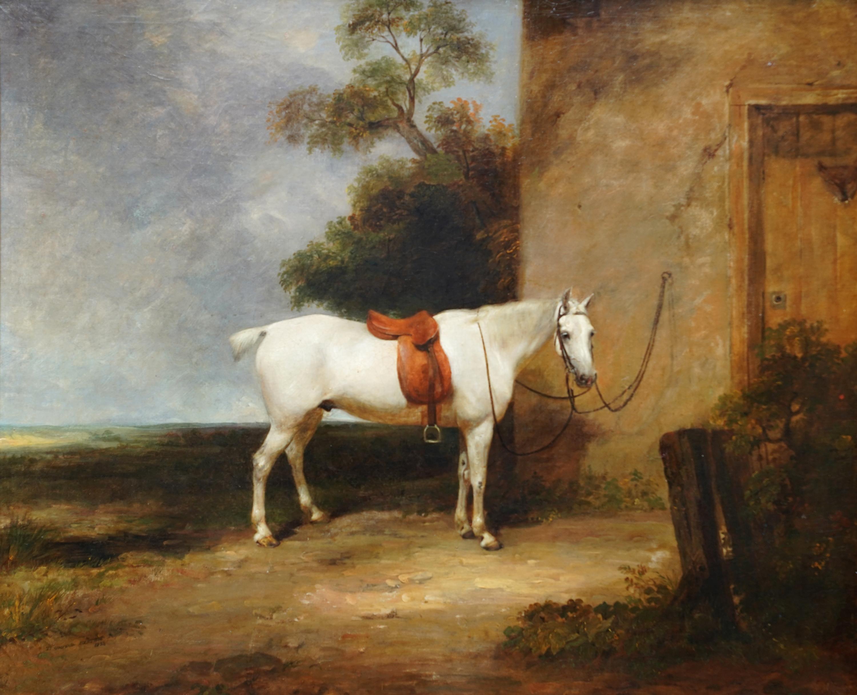 Portrait d'un cheval de chasseur dans un paysage - Peinture à l'huile de maître ancien britannique en vente 6