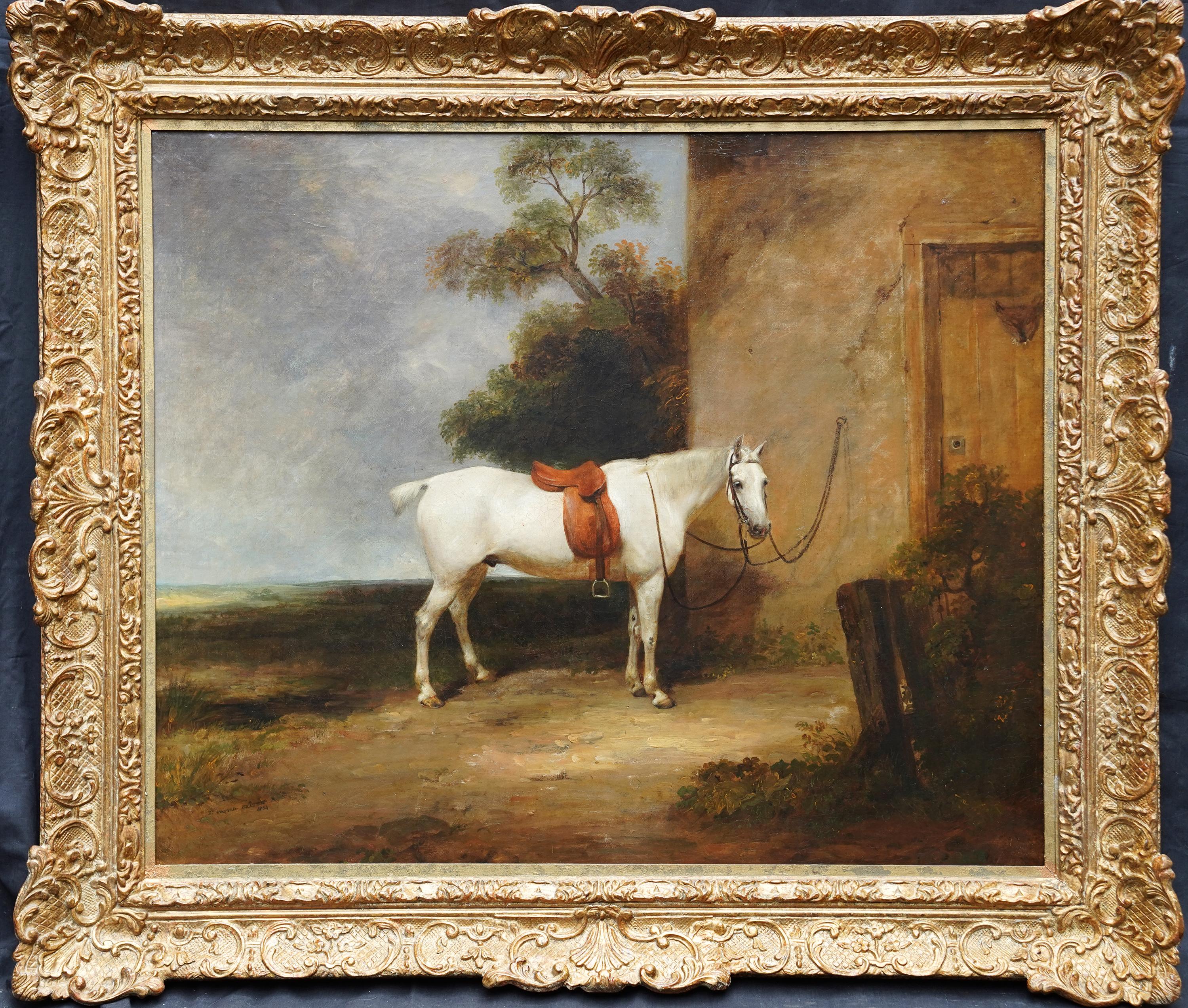Porträt eines Jägerpferdes in einer Landschaft – Ölgemälde eines alten Meisters