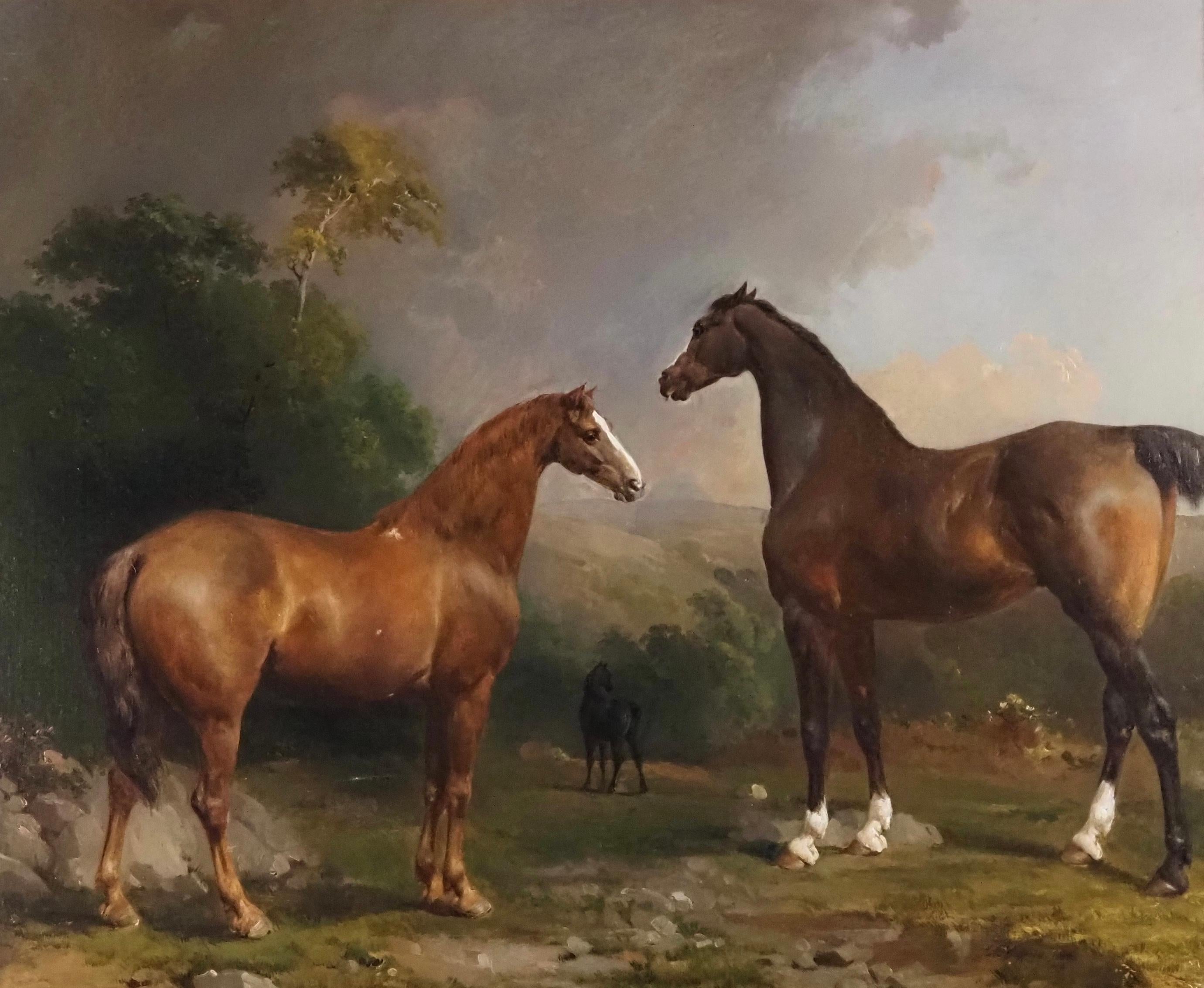 Three horses in a woodland landscape - Painting by Thomas Mogford