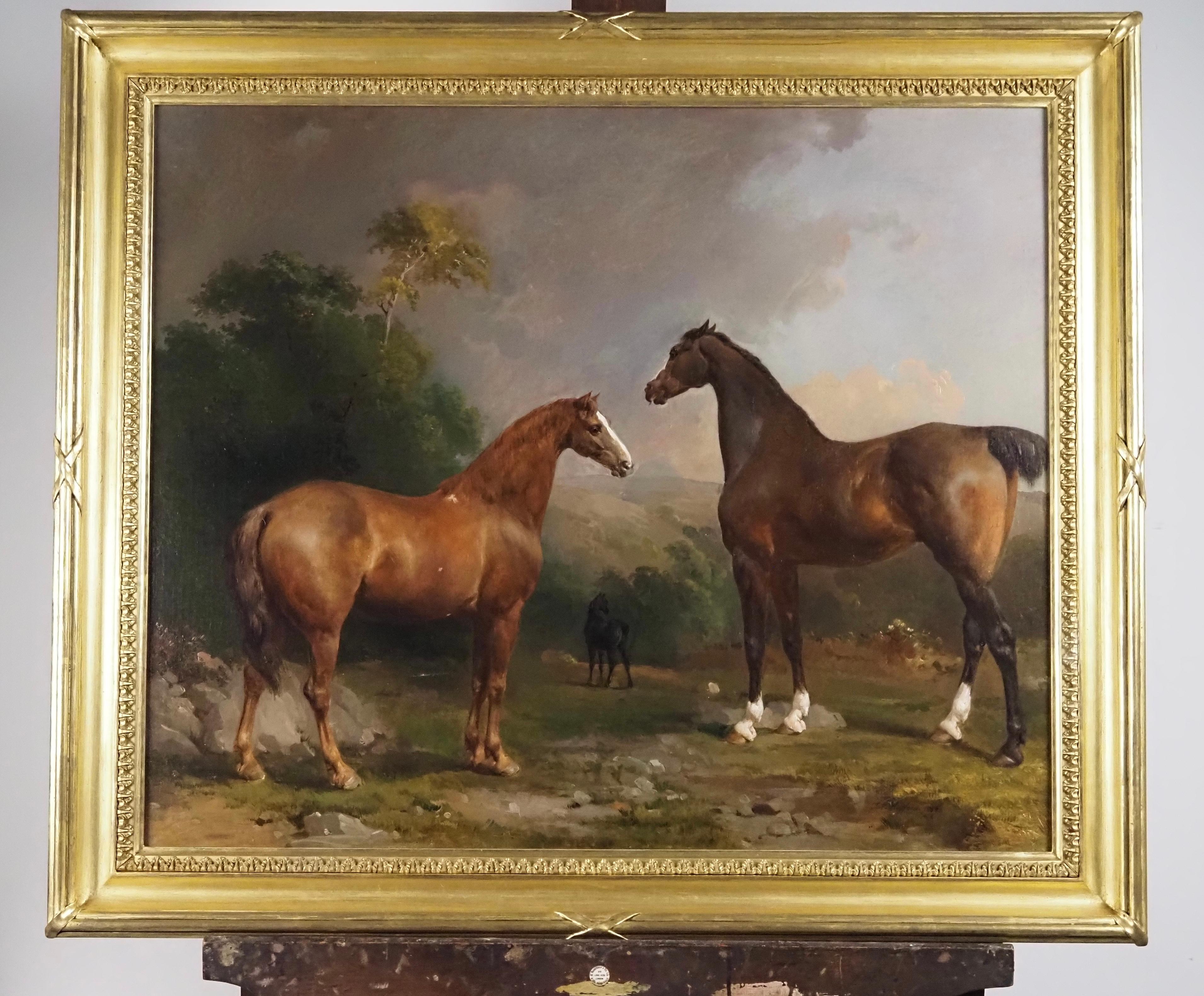 Three horses in a woodland landscape - Victorian Painting by Thomas Mogford