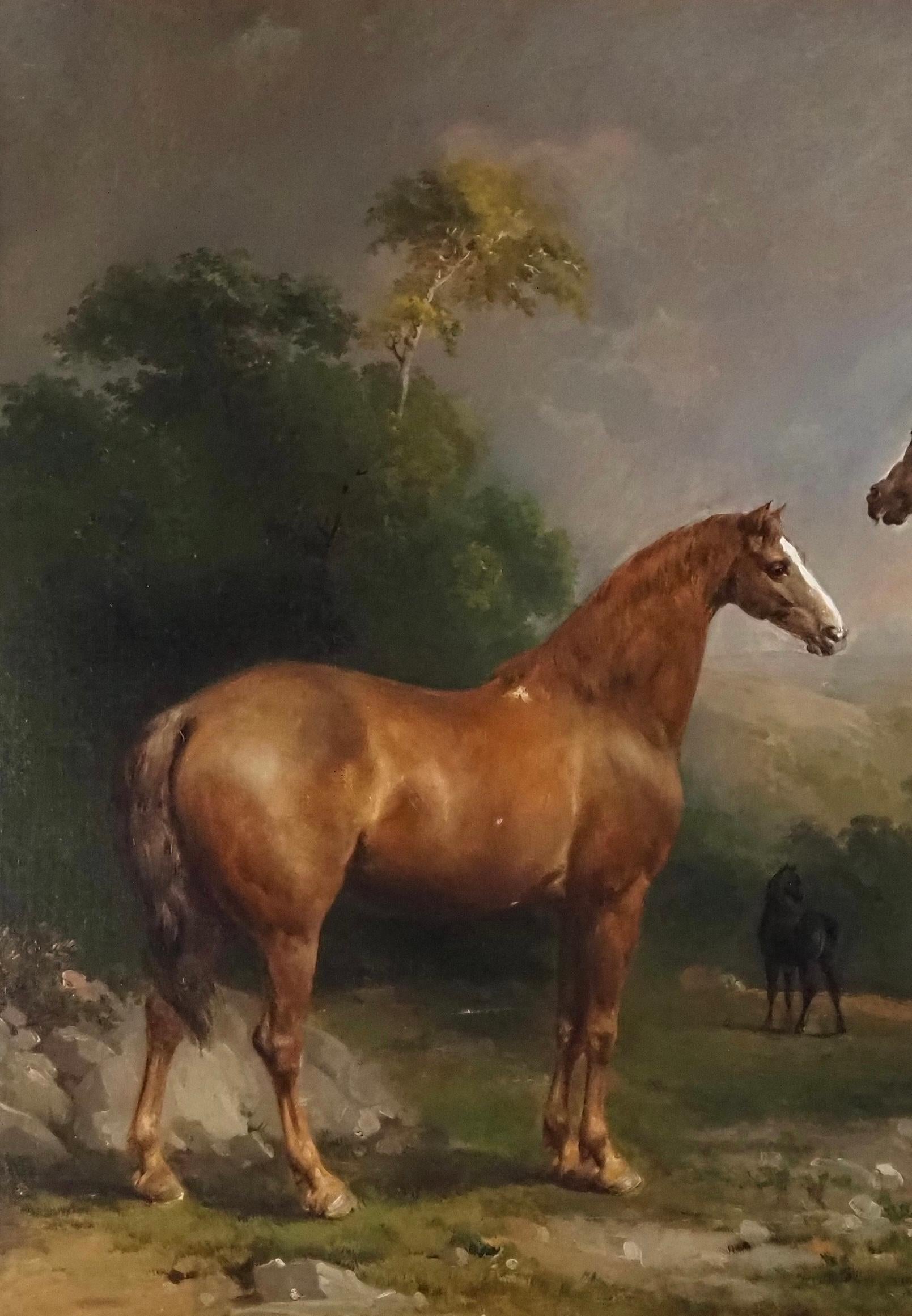Three horses in a woodland landscape - Brown Animal Painting by Thomas Mogford