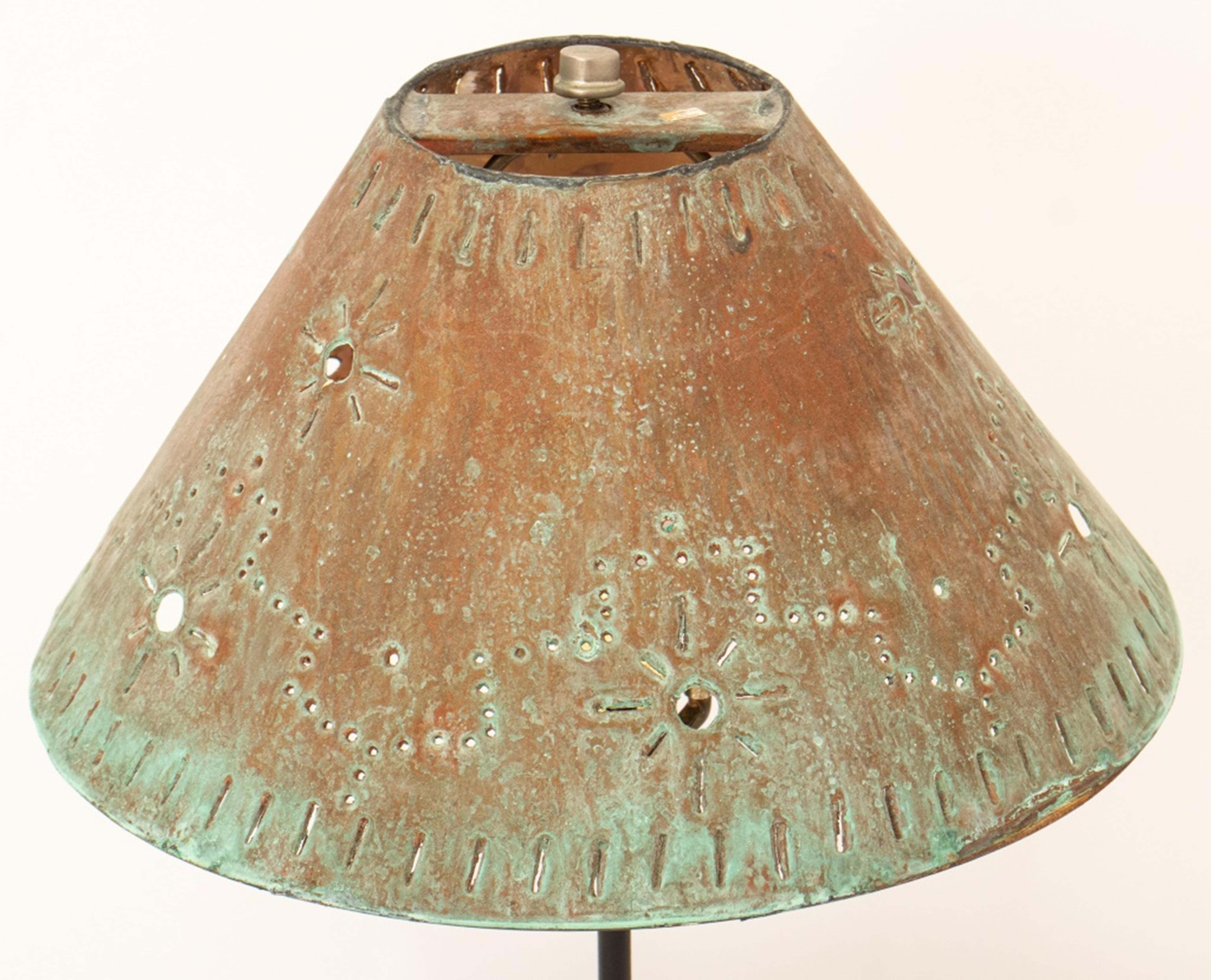 Thomas Molesworth style buffalo lamp with verdigris shade. 
Dimensions: 14