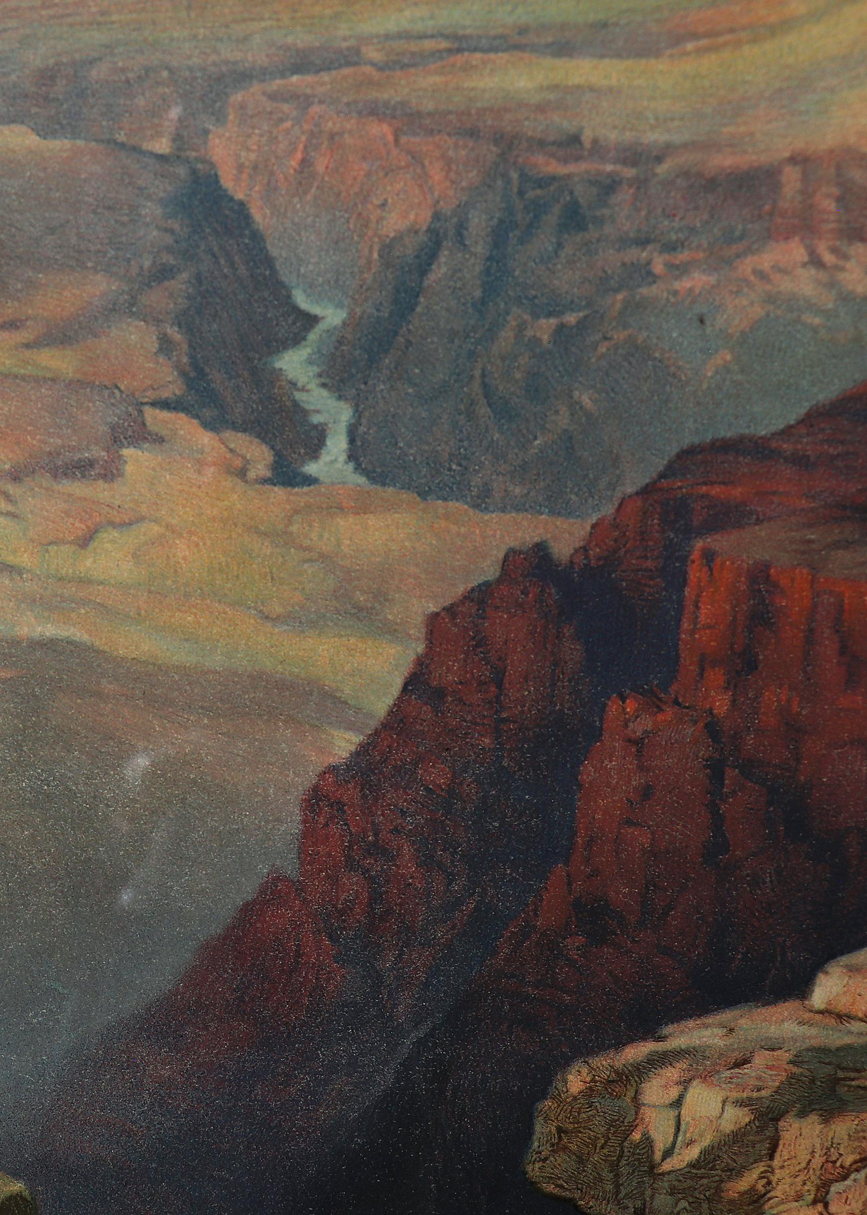 The Grand Canyon in Arizona from Hermit Rim by Thomas Moran.  Early 20th century vintage color lithograph printed in 1912, signed and dated within plate lower left, titled lower center margin. Presented in a custom hardwood frame with UV Protectant