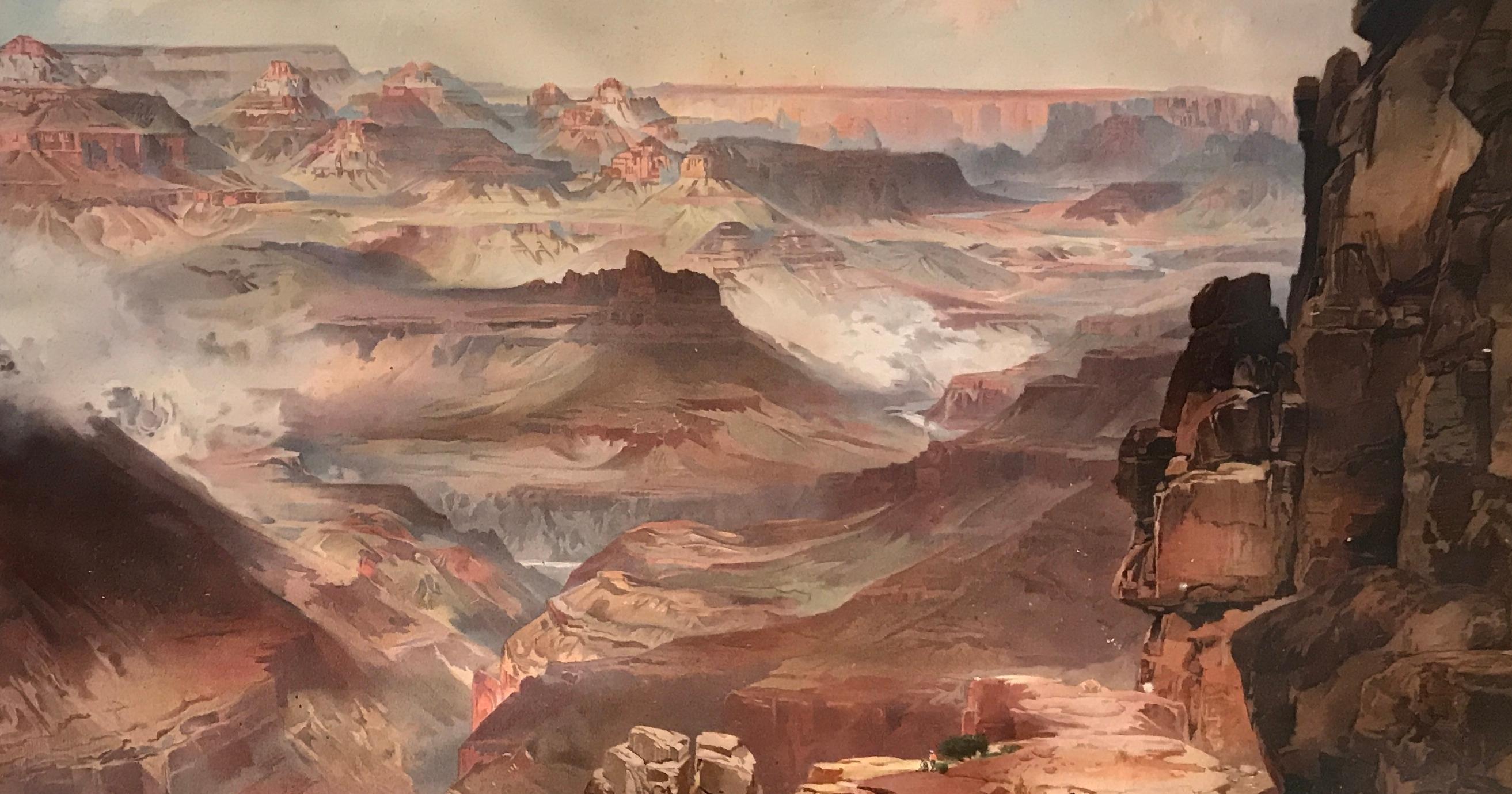 Created by Gustav Buek from an original oil painting made in 1892 by Thomas Moran. The painting is today owned by the Philadelphia Museum of Art in Philadelphia, Pennsylvania. Both works are entitled The Grand Canyon of the Colorado (the subject is
