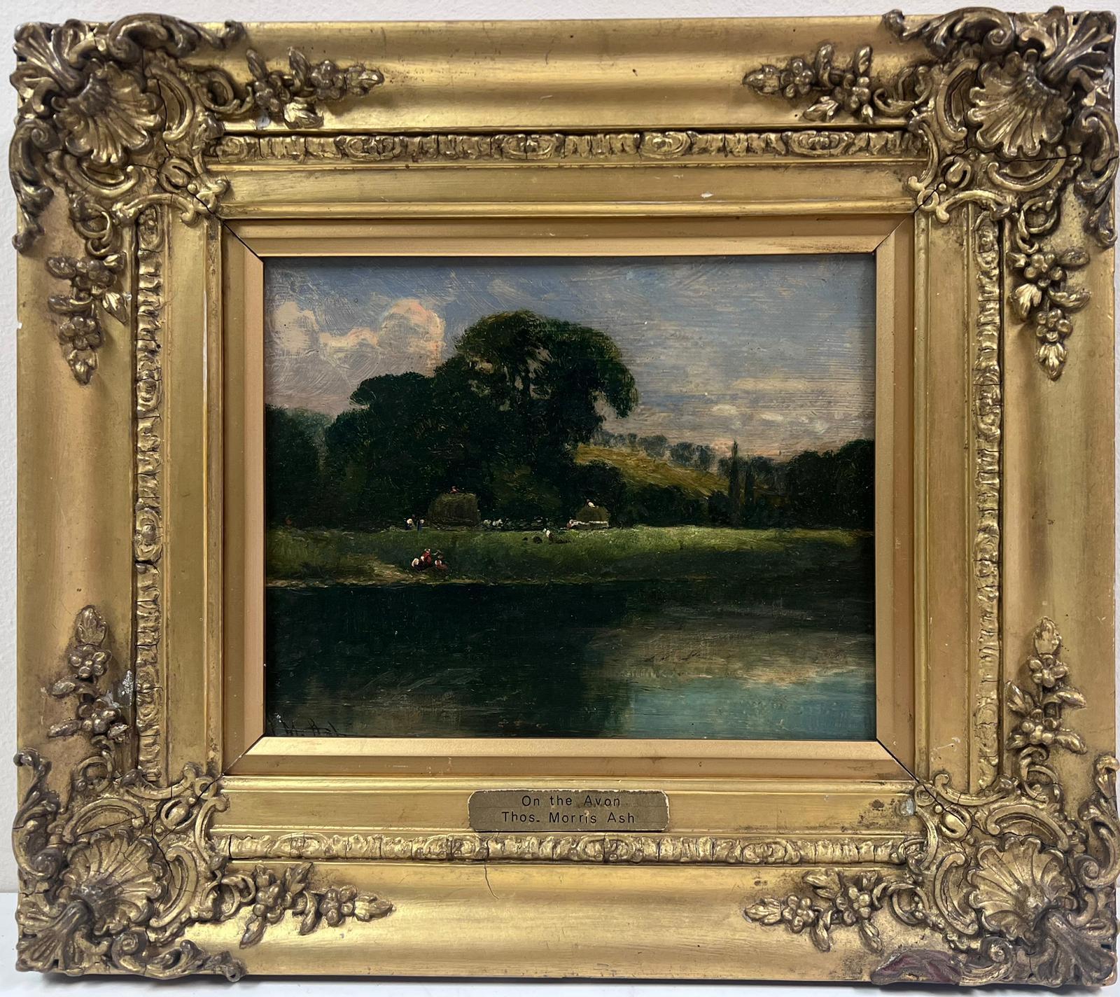 Thomas Morris Ash Figurative Painting - Signed Victorian English Oil Painting Harvest Fields River Avon Landscape