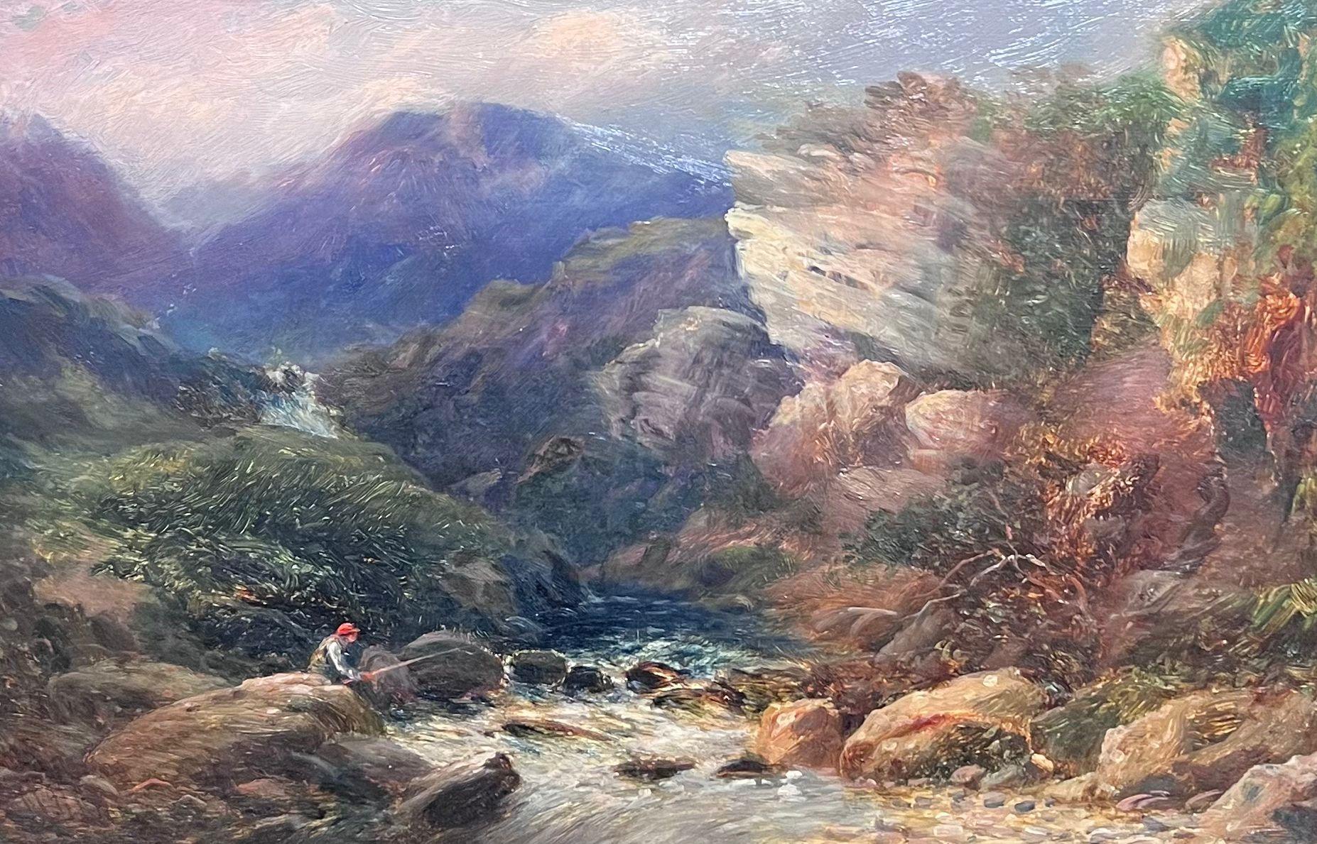 Peinture à l'huile victorienne Paysage de montagne gallois avec ruisseau et pêche de personnage - Painting de Thomas Morris Ash