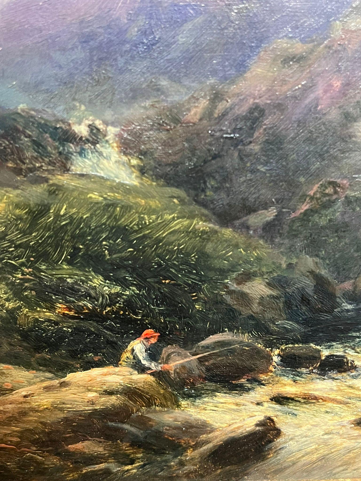 Peinture à l'huile victorienne Paysage de montagne gallois avec ruisseau et pêche de personnage - Victorien Painting par Thomas Morris Ash