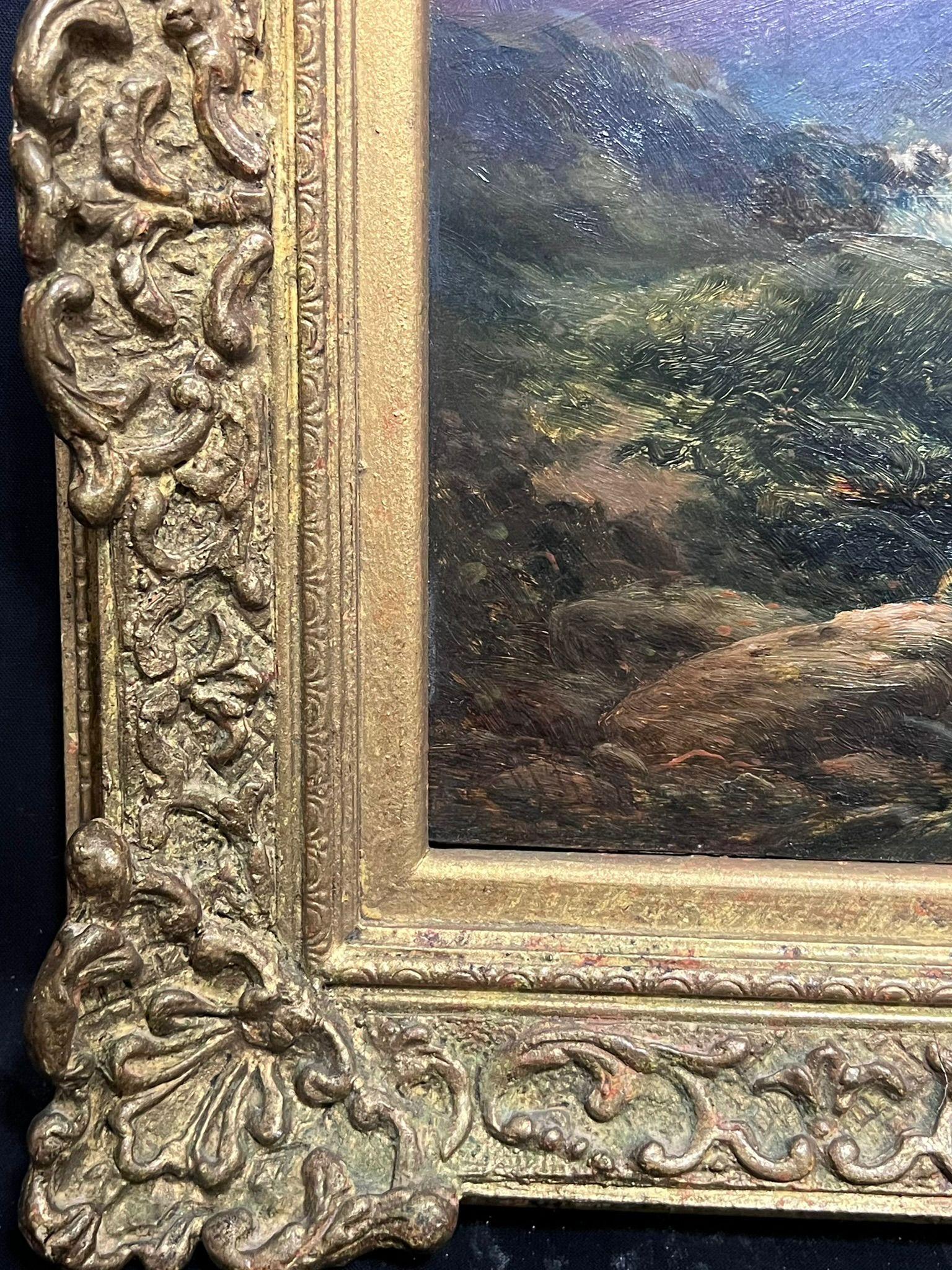 Peinture à l'huile victorienne Paysage de montagne gallois avec ruisseau et pêche de personnage - Marron Landscape Painting par Thomas Morris Ash