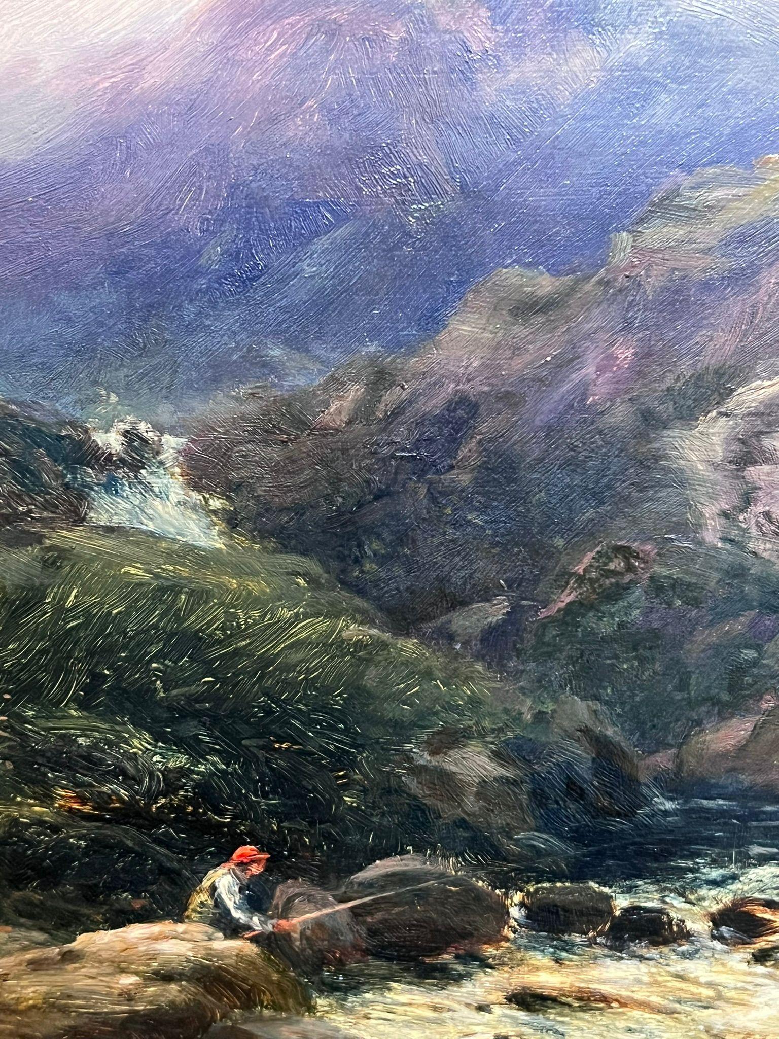 Peinture à l'huile victorienne Paysage de montagne gallois avec ruisseau et pêche de personnage en vente 2