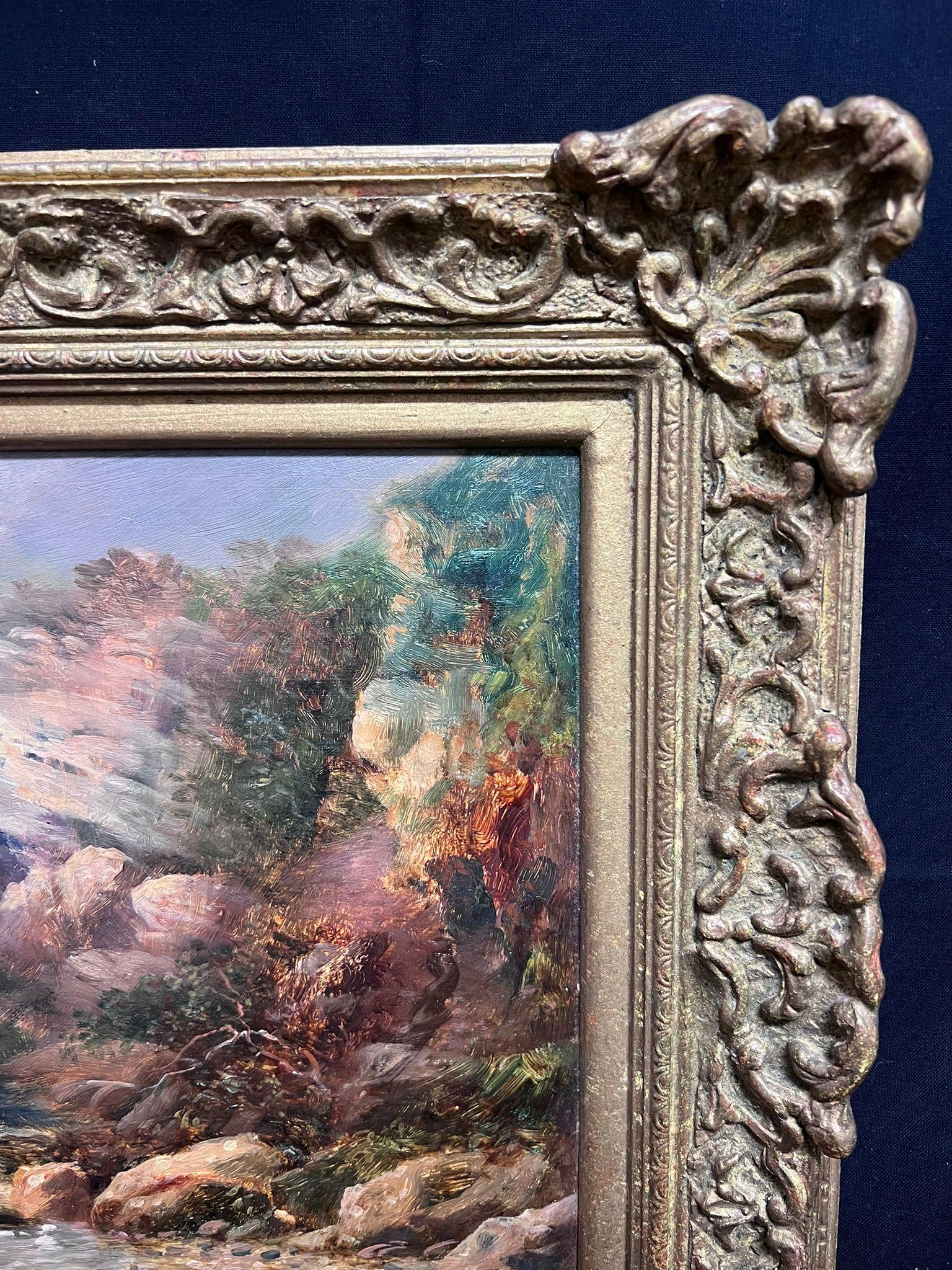 Peinture à l'huile victorienne Paysage de montagne gallois avec ruisseau et pêche de personnage en vente 4