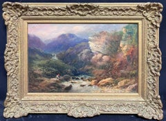 Pintura al óleo victoriana Paisaje montañoso galés con arroyo y figura pescando