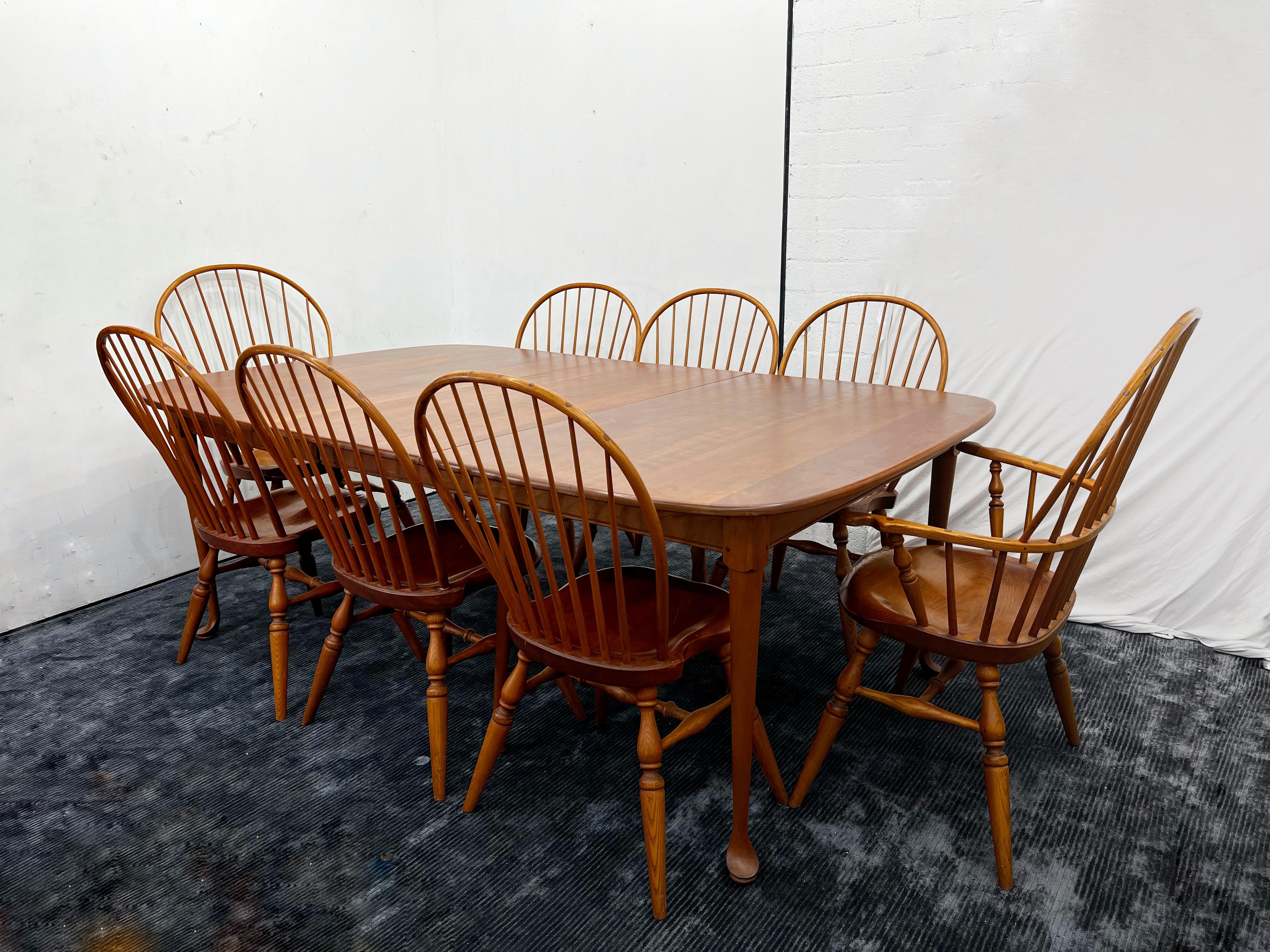 51”D x 62” L x 29” H 
82” L with one leaf in. 
102” L with both leaves in. 

Solid Cherry Extension Dining Table with two leaves by Thomas Moser. Unsigned. 
Middle two legs are removable, and only needed when both both leaves are in. 
 
Top
