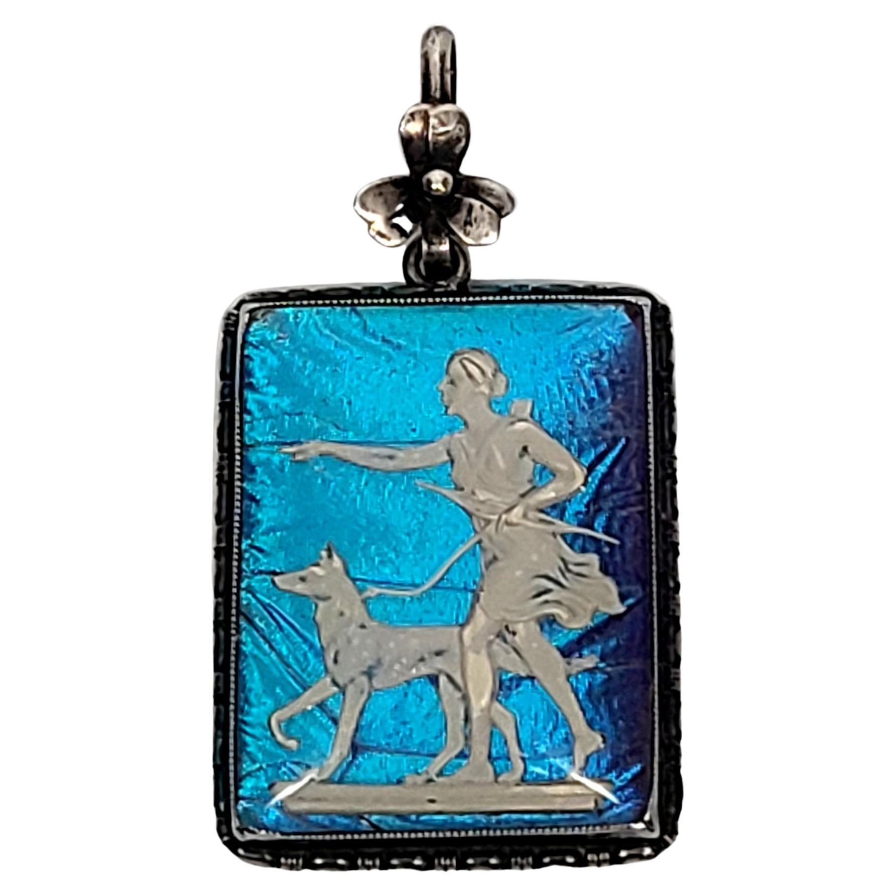Thomas Mott Sterling Silver Blue Butterfly Wing Artemis Sulfide Cameo Pendant