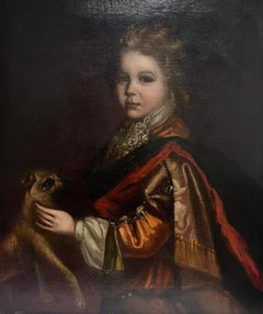 Fine 1700's Portrait Aristocratic Child Portrait with Dog Large Oil Painting