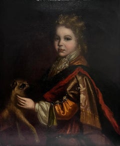 Antique Fine 1700's Portrait Aristocratic Child Portrait with Dog Large Oil Painting
