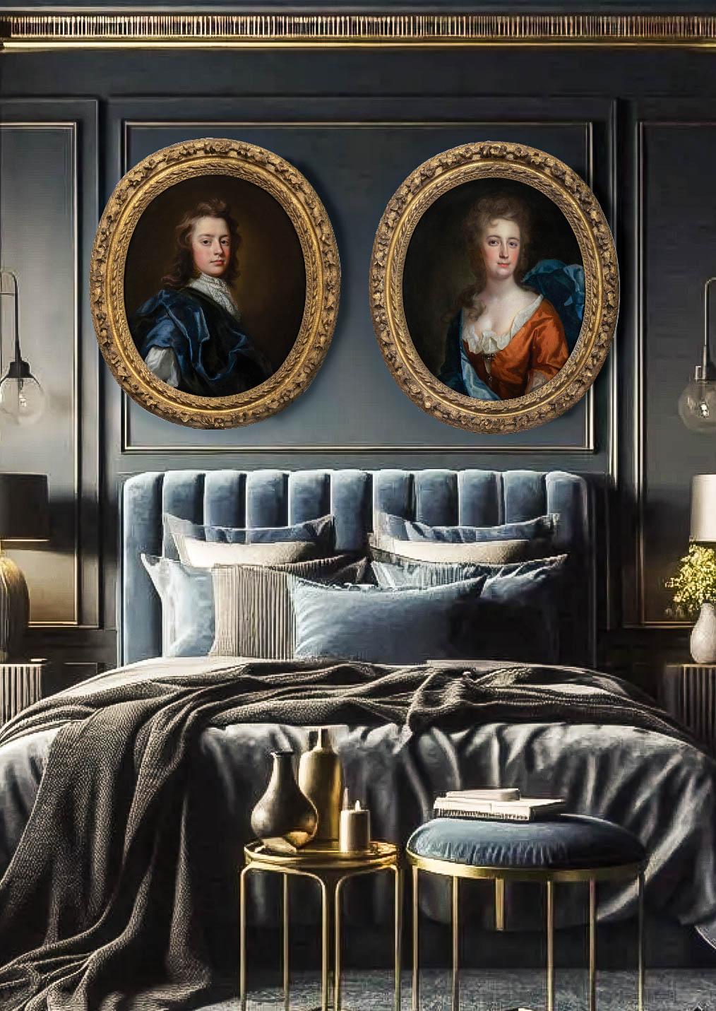 Portrait of Gentleman Blue & Cloak, Portrait of Lady, Fine Carved Gilded frames - Painting by Thomas Murray