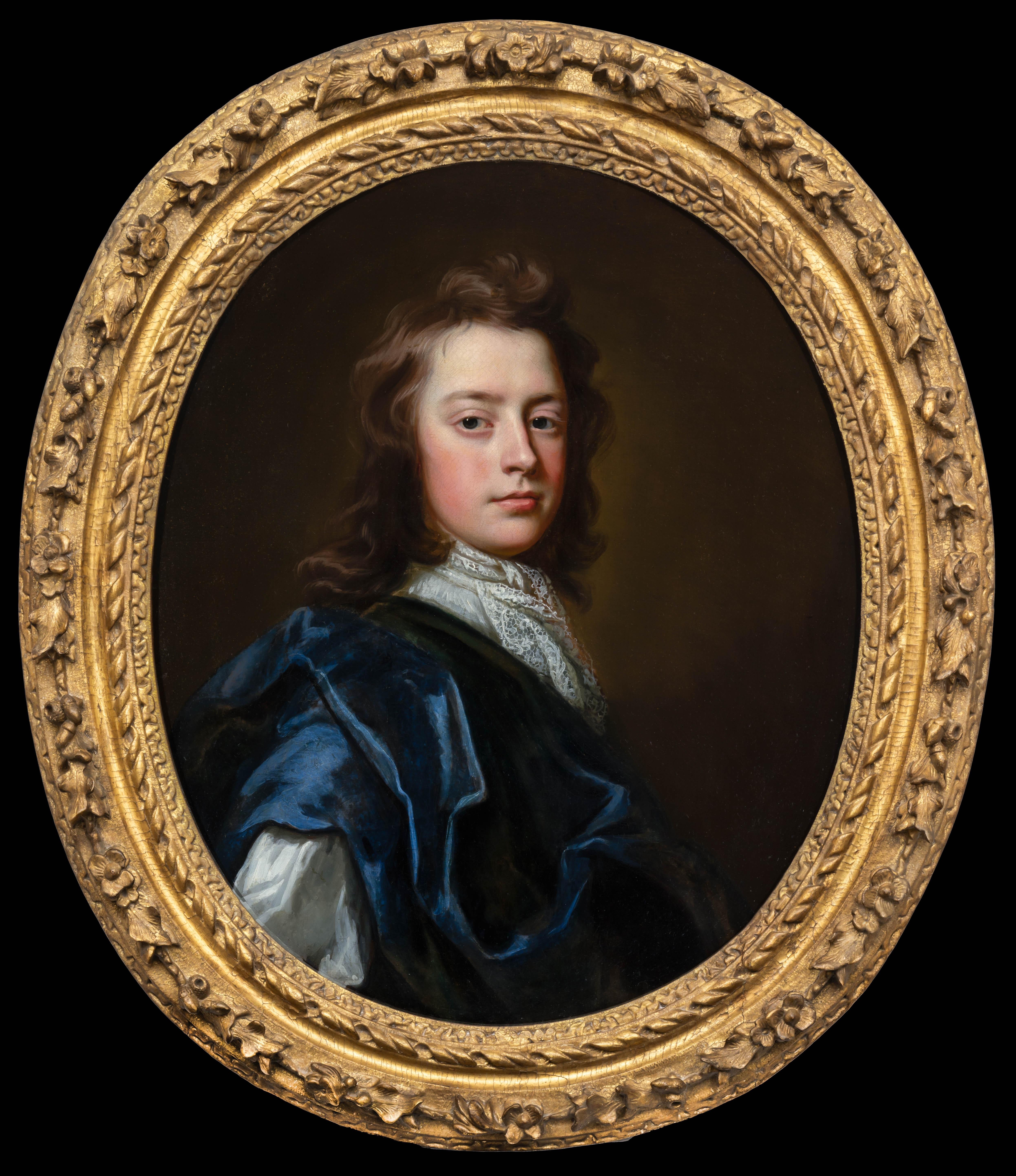 Portrait of Gentleman Blue & Cloak, Portrait of Lady, Fine Carved Gilded frames - Old Masters Painting by Thomas Murray