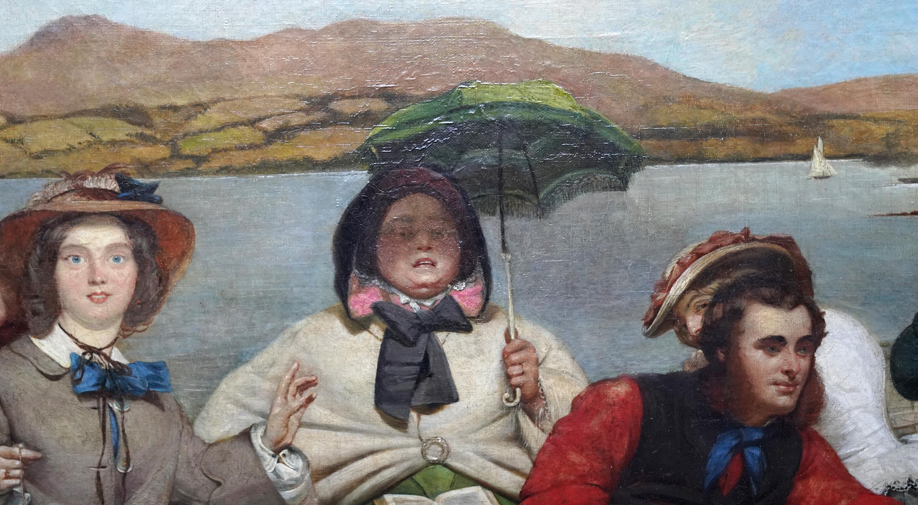 Dieses herrliche britische viktorianische präraffaelitische figurative Ölgemälde wird Thomas Musgrave Joy, dem Künstler von Königin Victoria, zugeschrieben. Die Komposition wurde um 1845 gemalt und zeigt 7 Personen und einen Hund in einem Boot mit