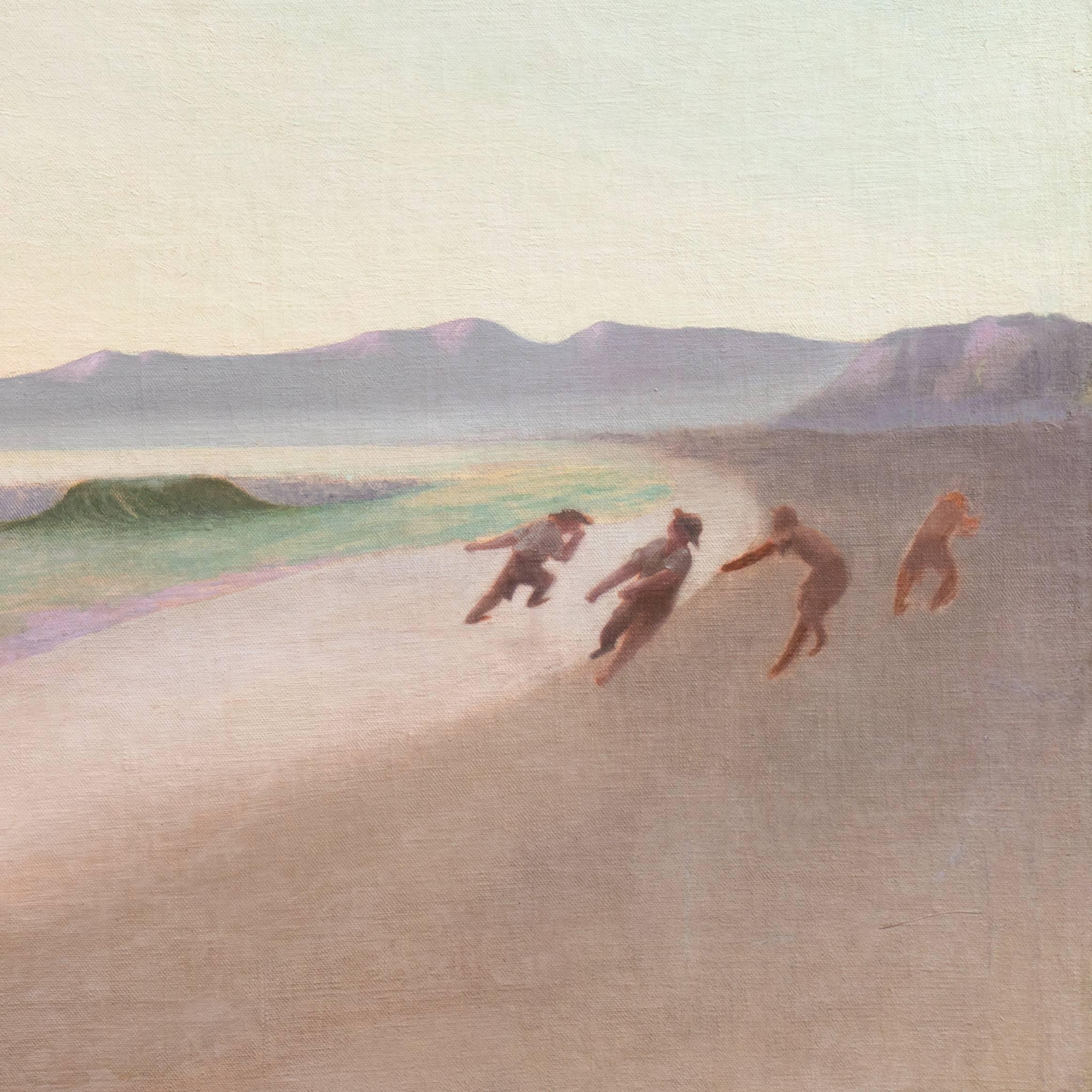 „Dawn, Fishermen on Hermosa Beach“ Los Angeles, frühes kalifornisches modernistisches Ölgemälde  (Moderne), Painting, von Thomas Nash