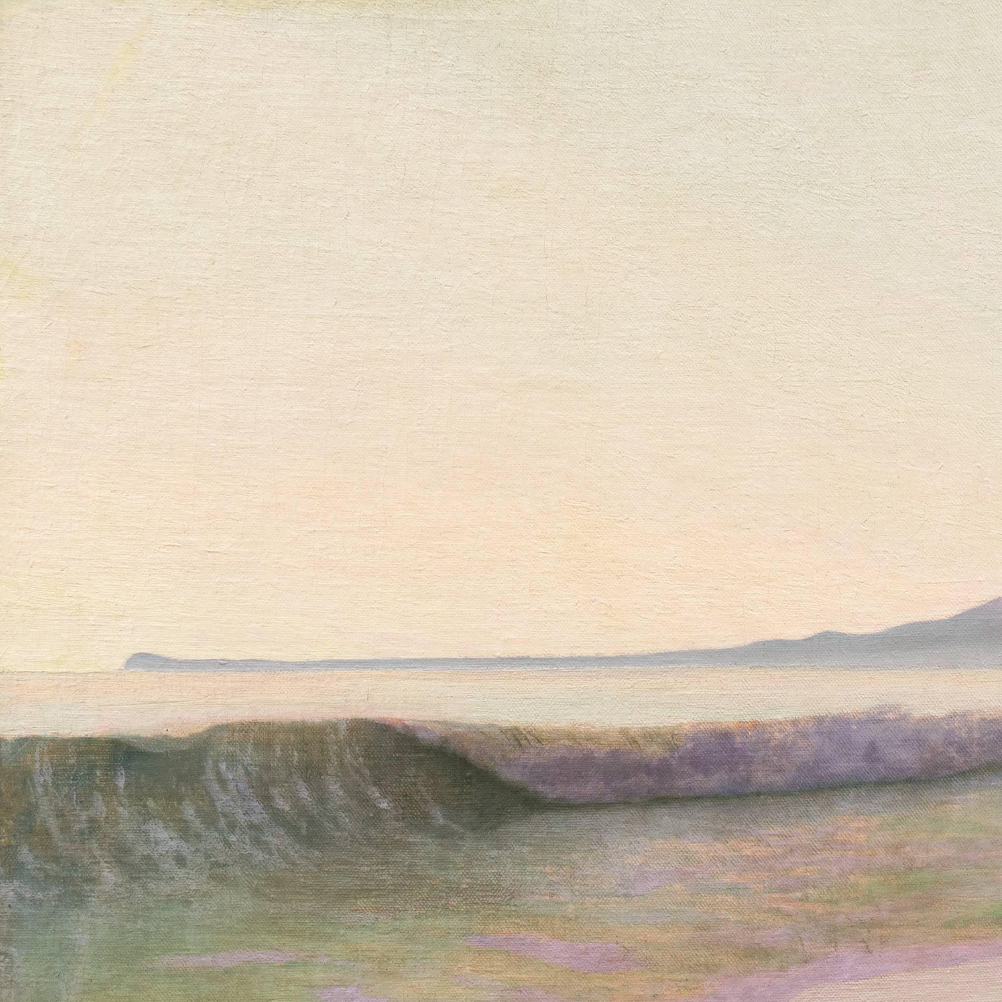 'Dawn, Fishermen on Hermosa Beach' Los Angeles, Early California Modernist Oil  For Sale 1