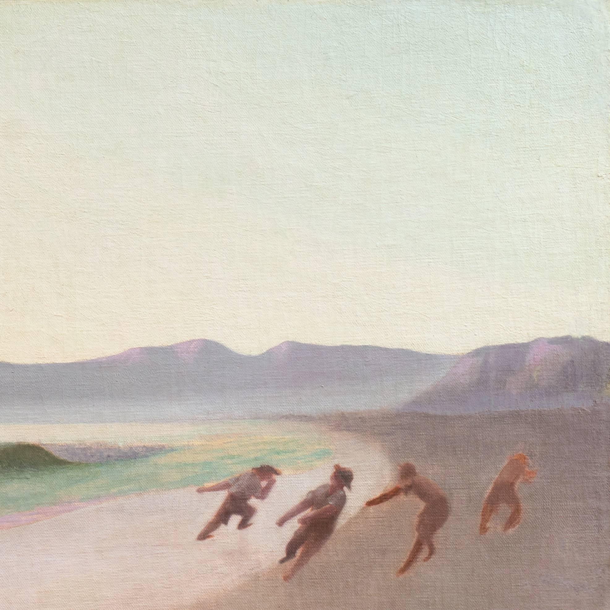 'Dawn, Fishermen on Hermosa Beach' Los Angeles, Early California Modernist Oil  For Sale 2