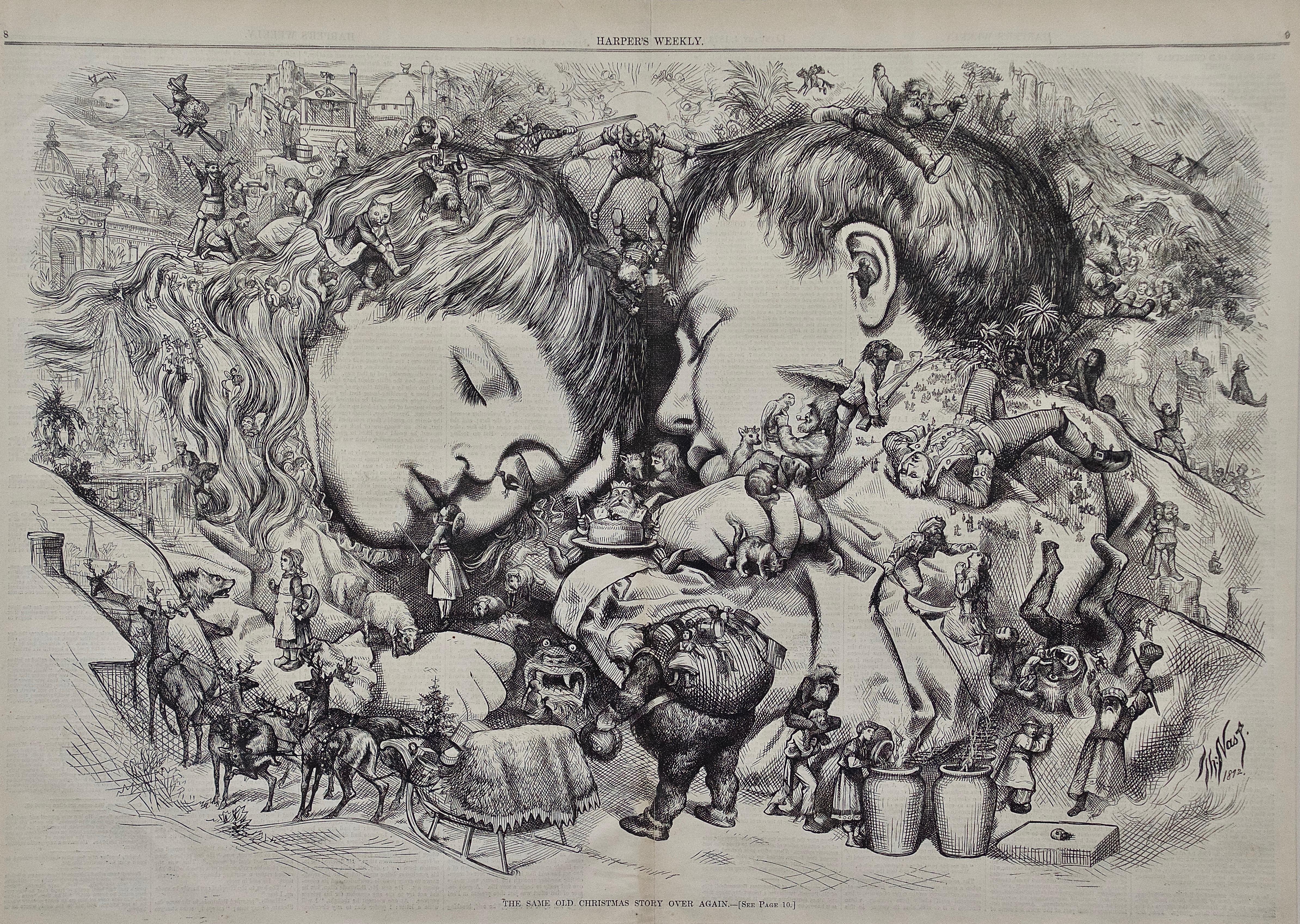 Thomas Nast's Christmas illustration “The Same Old Story Over Again” was published in Harper’s Weekly on January 4, 1873. The illustration shows two sleeping children, likely his own children, Thomas Jr. and Edith, dreaming of the childhood stories