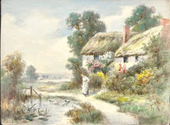 Late 19th Century Original English Landscape of a Cottage in Cambria