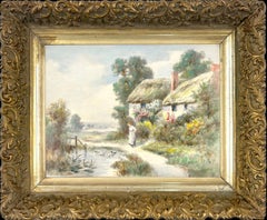 Antique  Late 19th Century Original English Landscape of a Cottage in Cambria