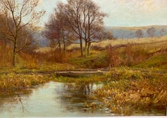 Victorian English 19th century Autumn/Fall River landscape, with trees and hills