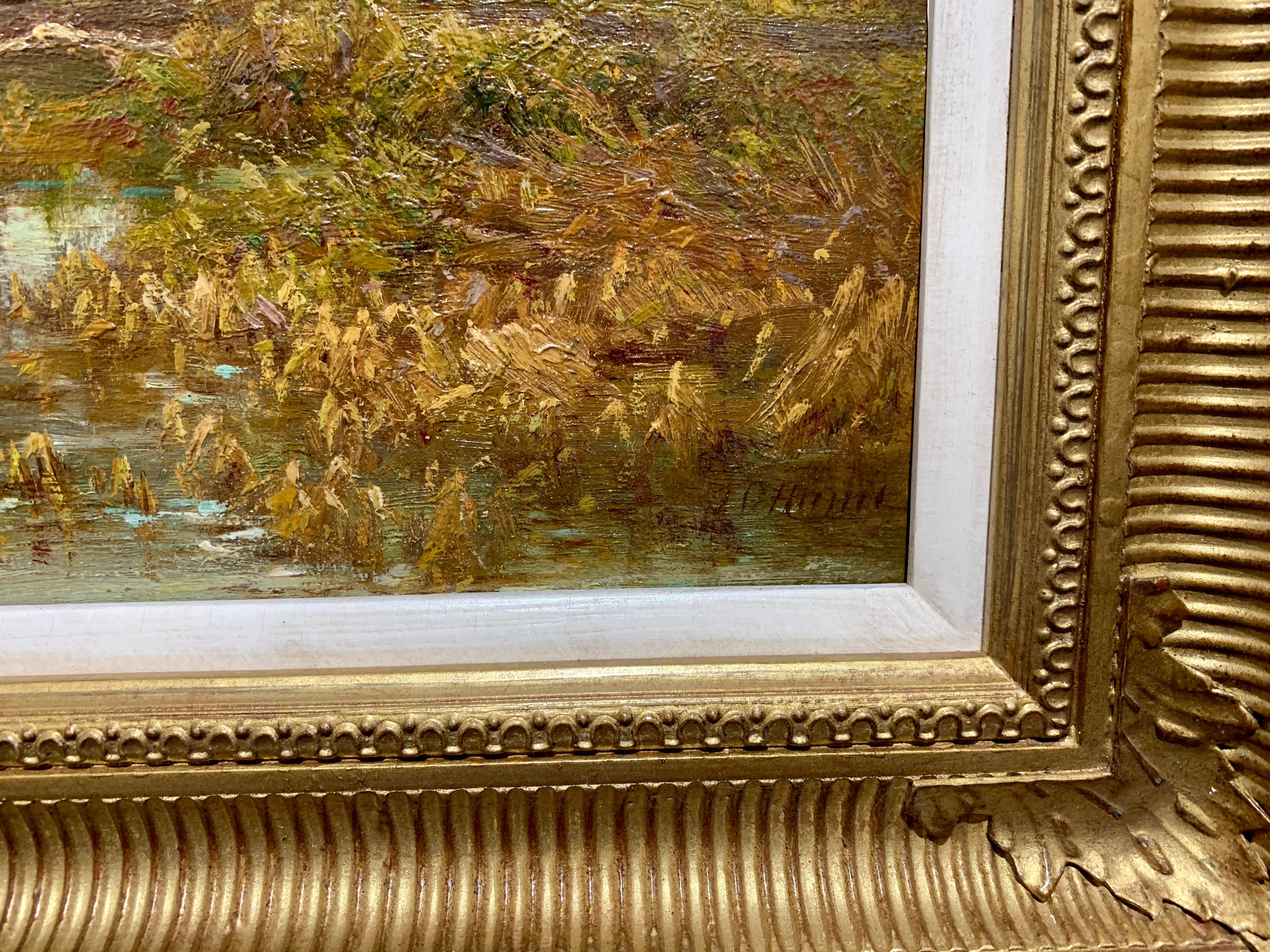Victorien Anglais 19ème siècle Automne/Automne Paysage fluvial, avec arbres et collines - Marron Landscape Painting par Thomas O Hume
