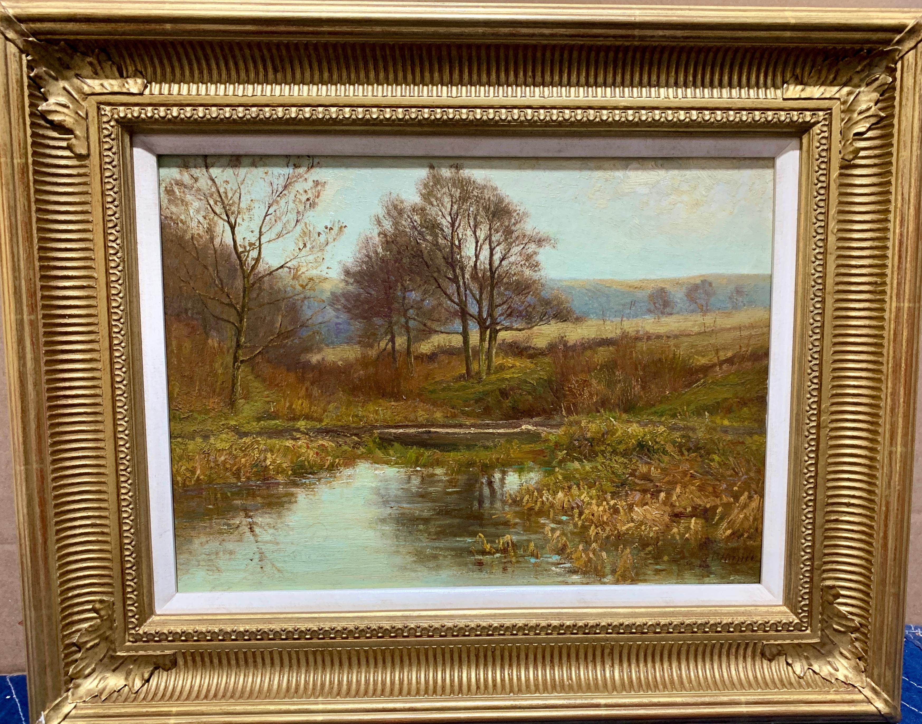 Victorian English 19th century Autumn/Fall River landscape, with trees and hills