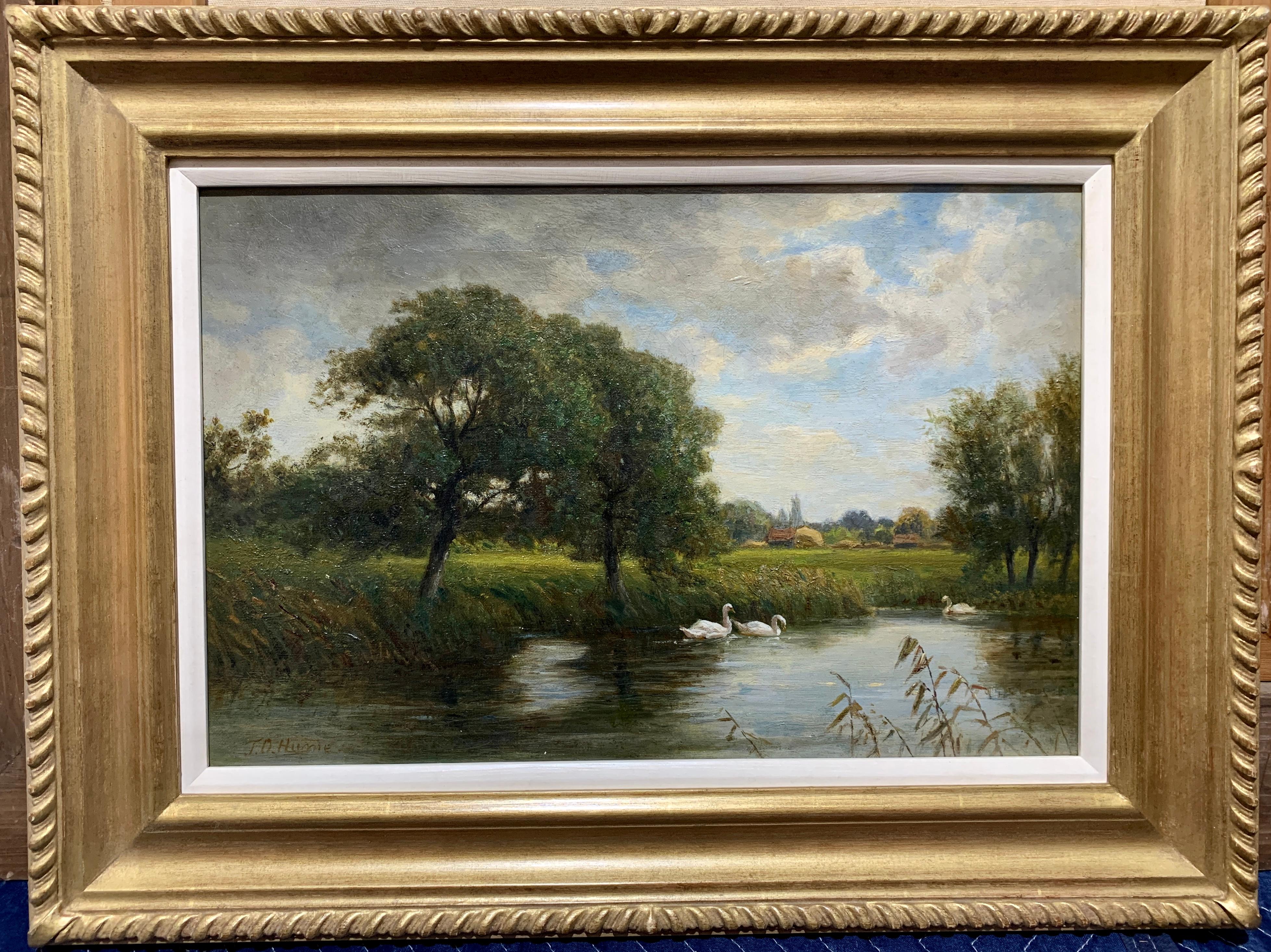 Victorian English 19th century Summer River landscape with Swans during harvest 