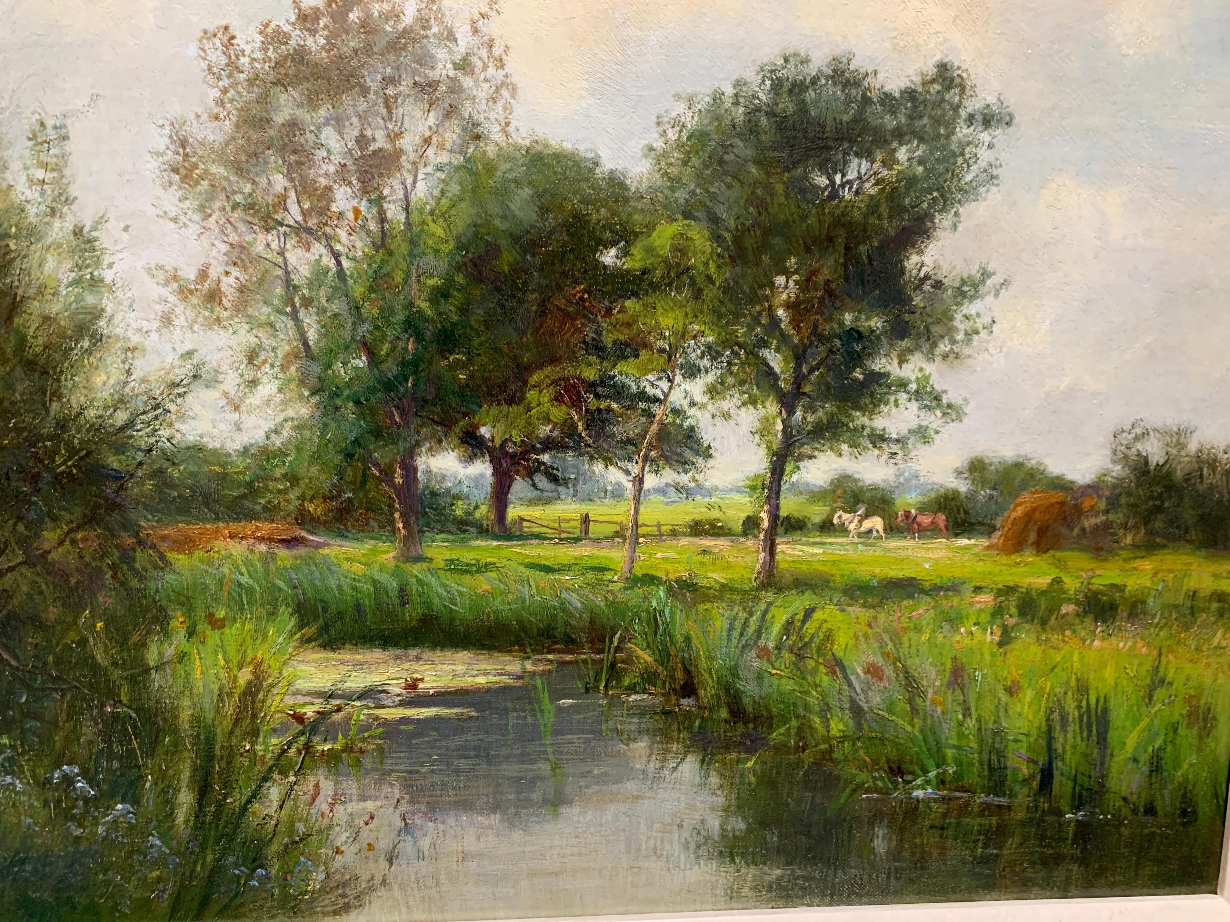 Victorian English 19th century Summer River with horses in a  landscape - Painting by Thomas O Hume
