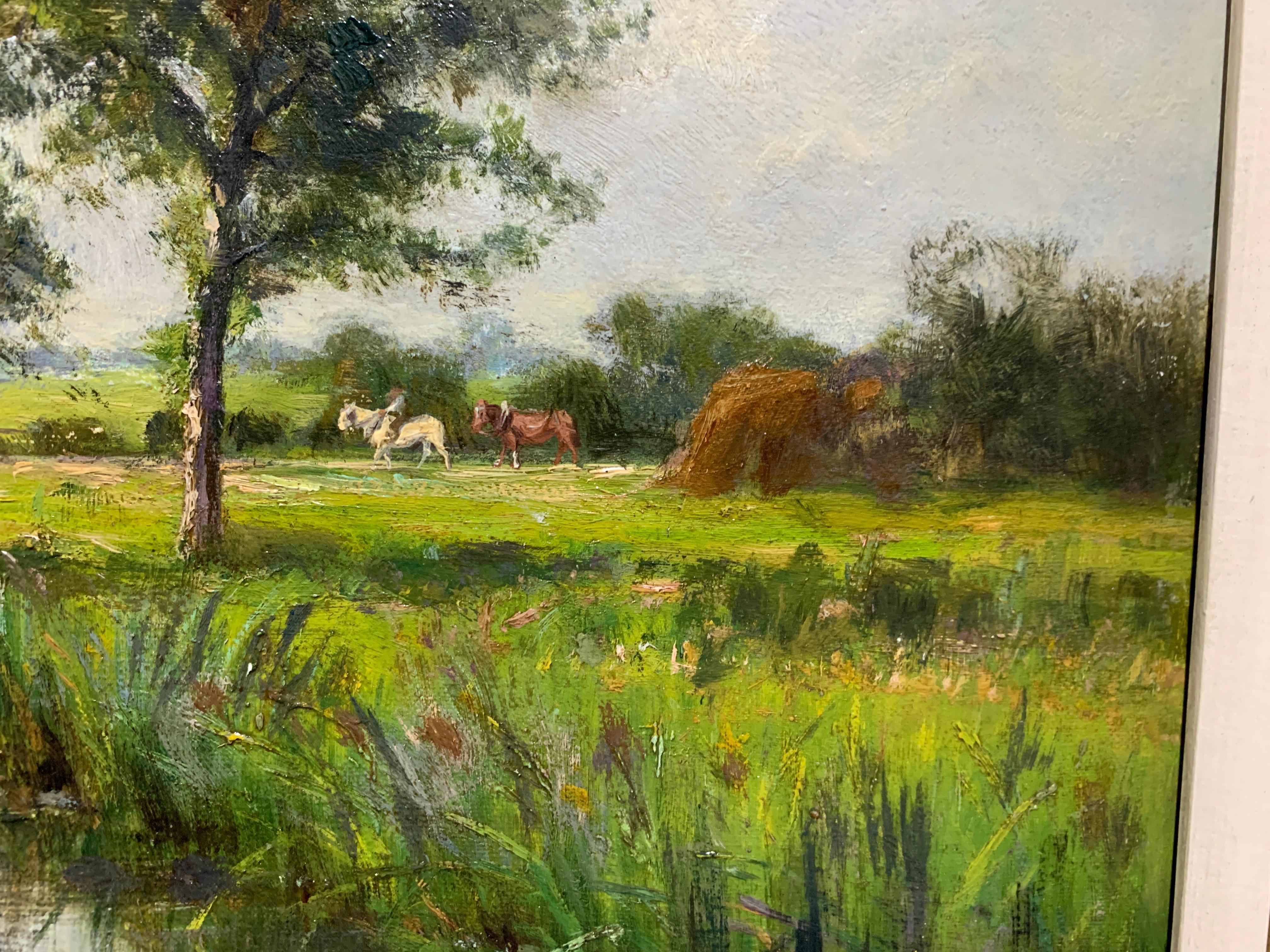 River d'été victorienne anglaise du 19ème siècle avec des chevaux dans un cabas  paysage en vente 3