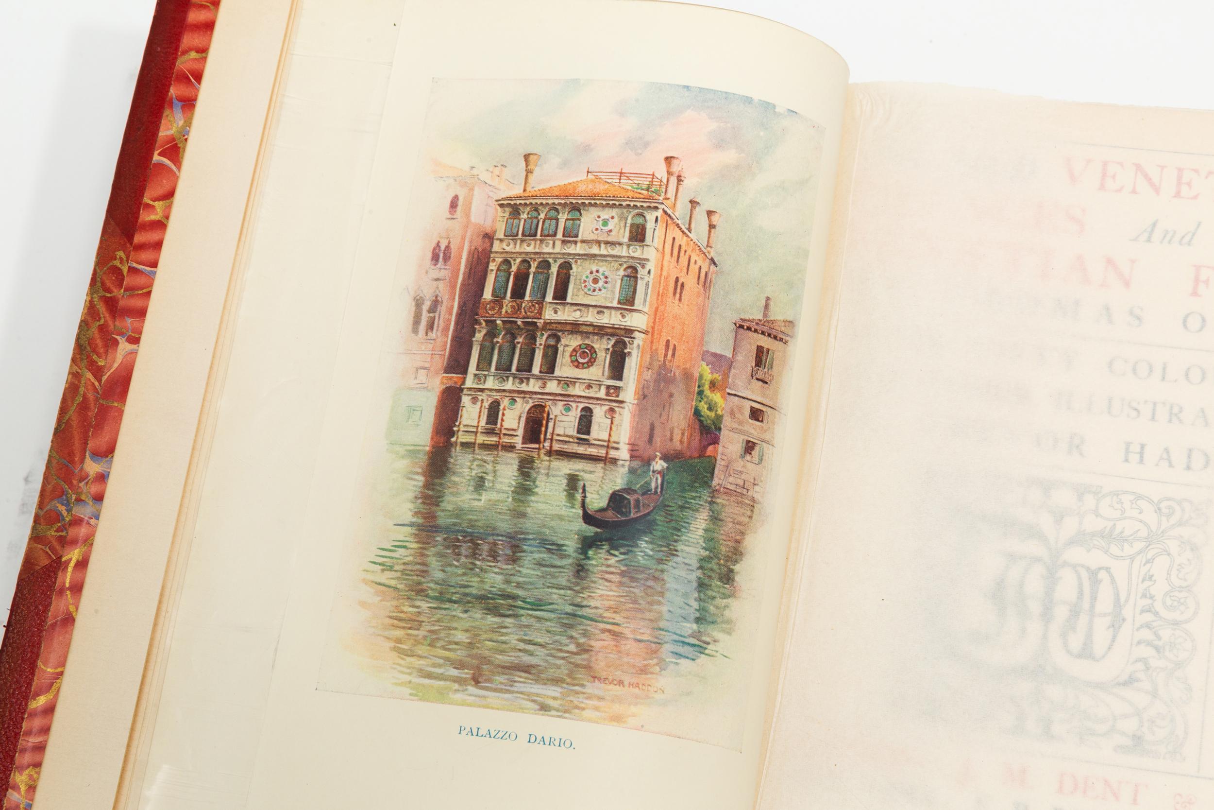 1 Volume. Thomas Okey. The old venetian palaces & old venetian folk.
With 50 Colored plates and other illustrations by Trevor Haddon. Bound in 3/4 red morocco, marbled boards and endpapers, top edges gilt, raised bands, gilt panels. Published: New