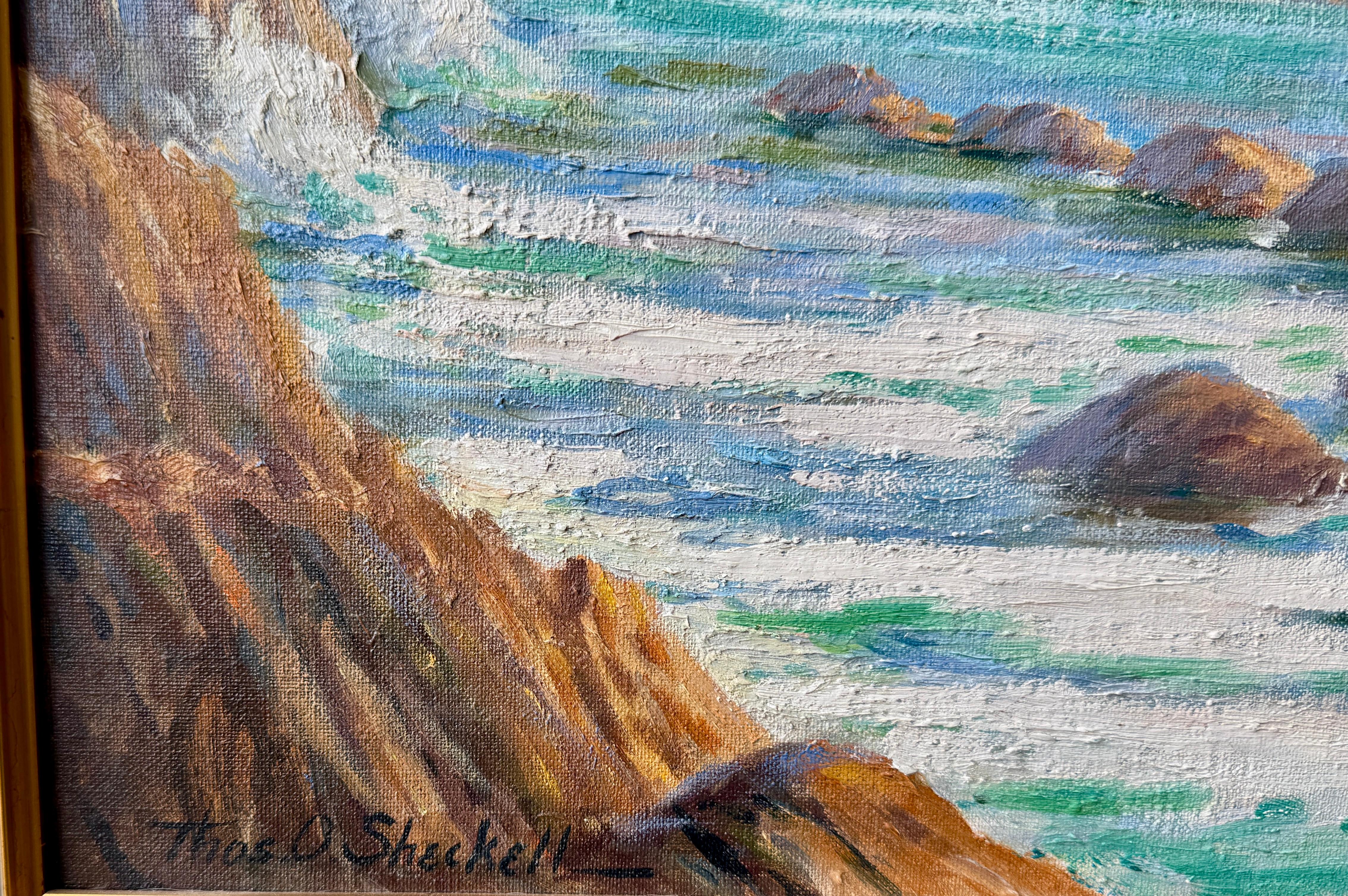 “Near Point” Carmel to Point Lobos California 1930 Thomas O. Sheckell Orig Oil
Carmel “Near Point” at Mansion overlook looking towards Point Lobos and Big Sur by Thomas Owings Sheckell (1883 - 1943) was active/lived in New York, and East Orange New
