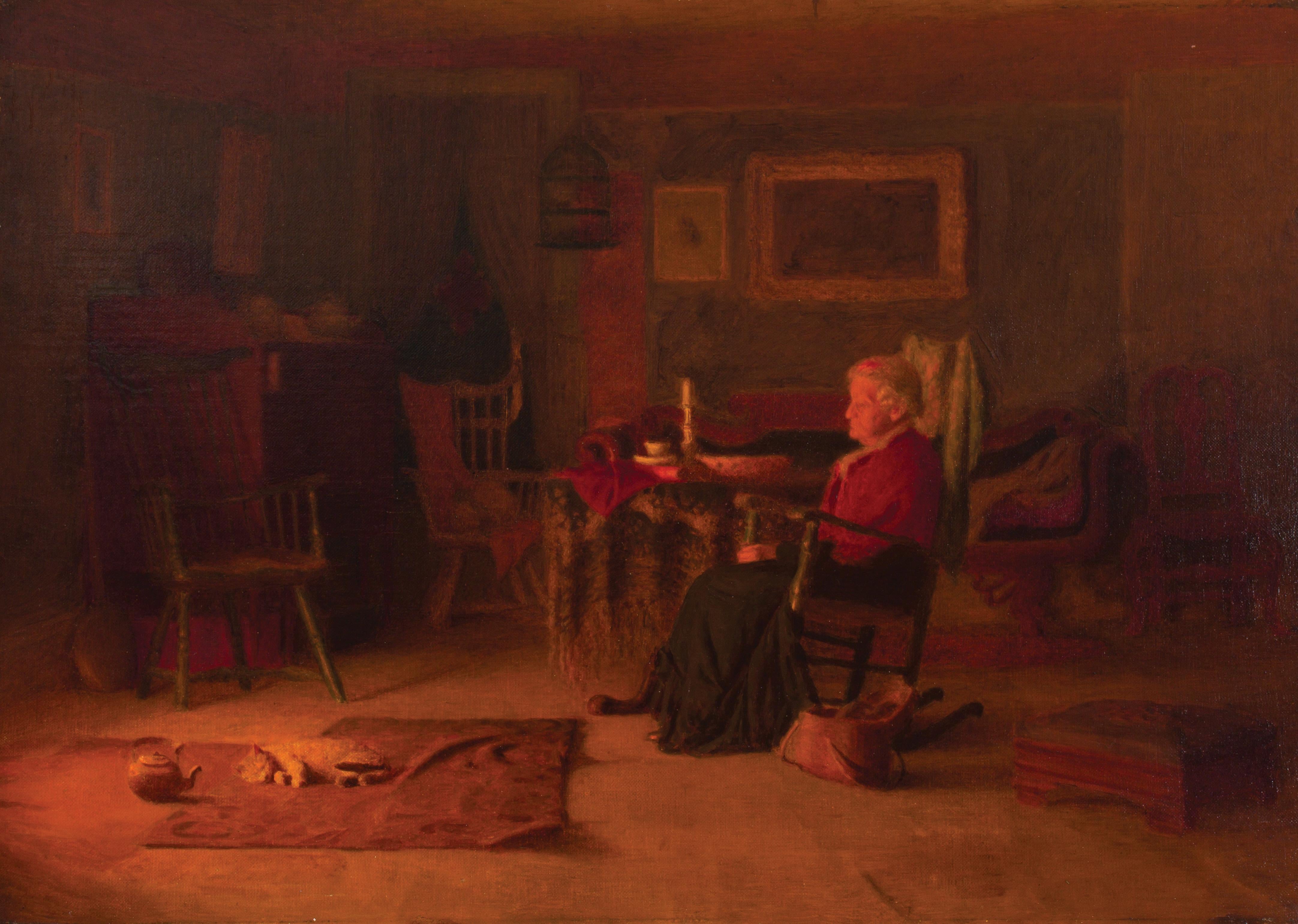 Sewing By The Hearth: Innenraumszene mit Katze von Thomas Anshutz, Schüler von Eakins – Painting von Thomas P Anshutz
