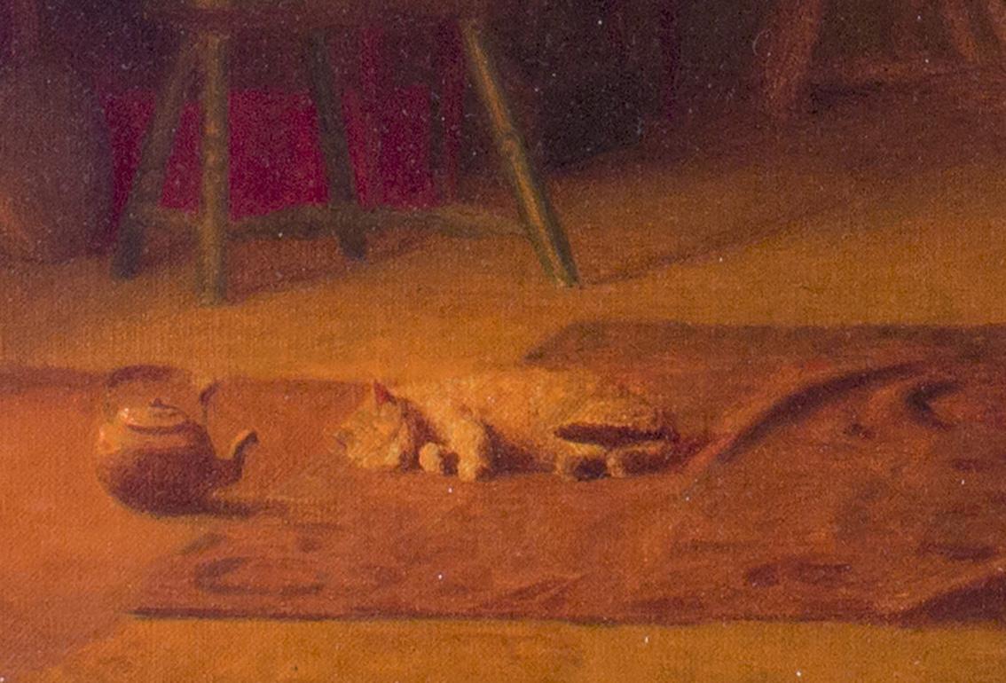 Sewing By The Hearth: interior scene w/ cat by Thomas Anshutz, student of Eakins - Realist Painting by Thomas P Anshutz