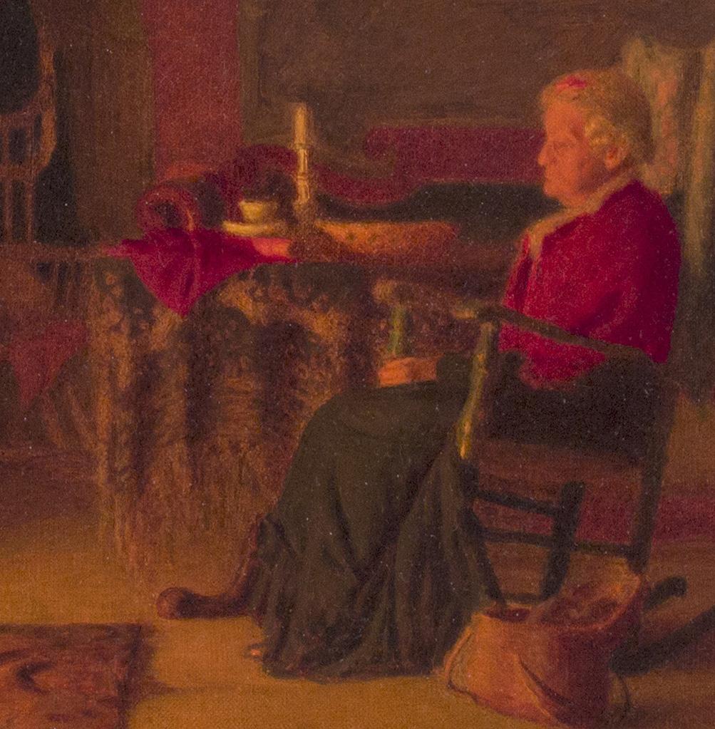 Sewing By The Hearth: interior scene w/ cat by Thomas Anshutz, student of Eakins For Sale 1