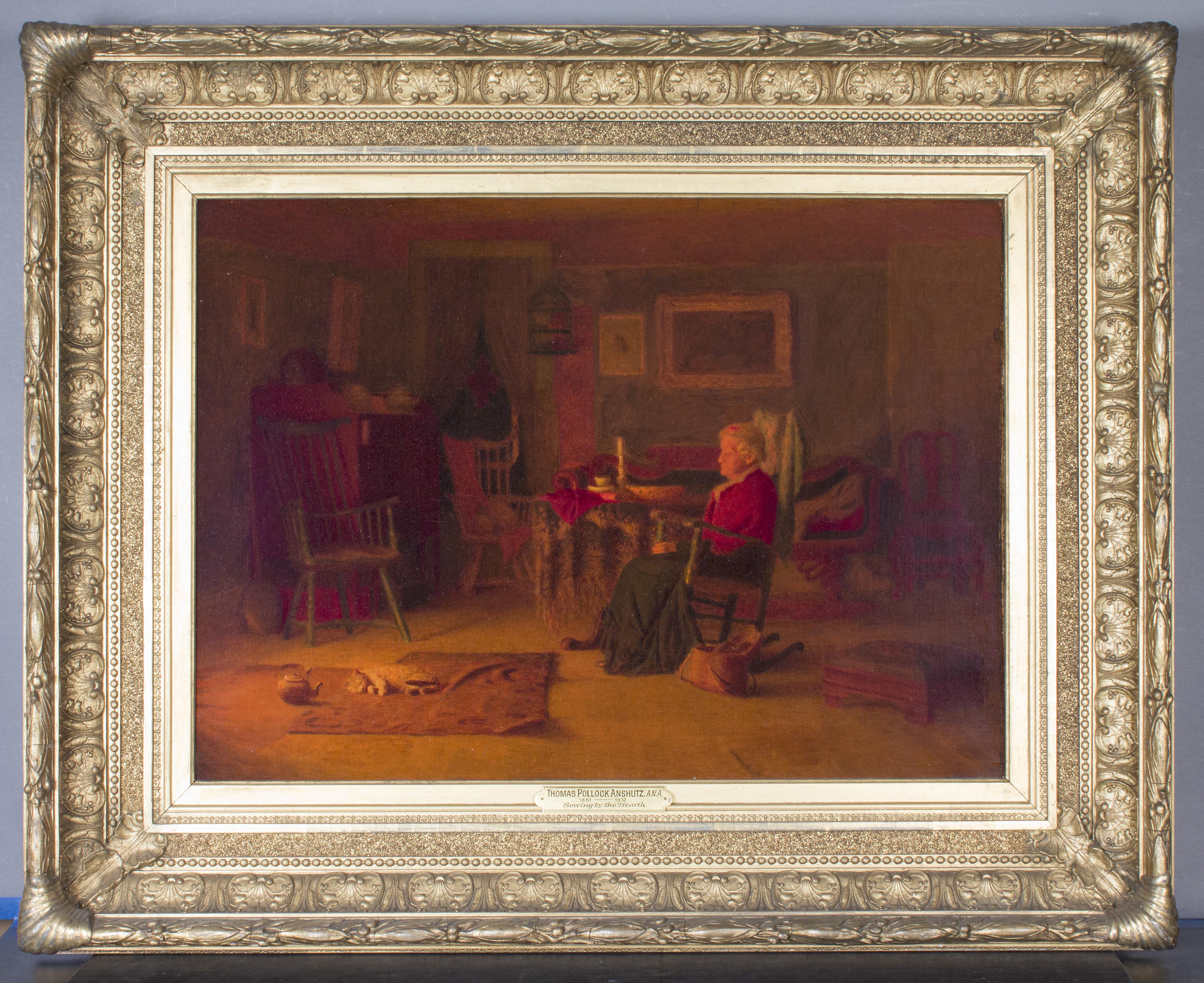 Thomas P Anshutz Figurative Painting – Sewing By The Hearth: Innenraumszene mit Katze von Thomas Anshutz, Schüler von Eakins