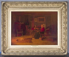 Sewing By The Hearth: interior scene w/ cat by Thomas Anshutz, student of Eakins