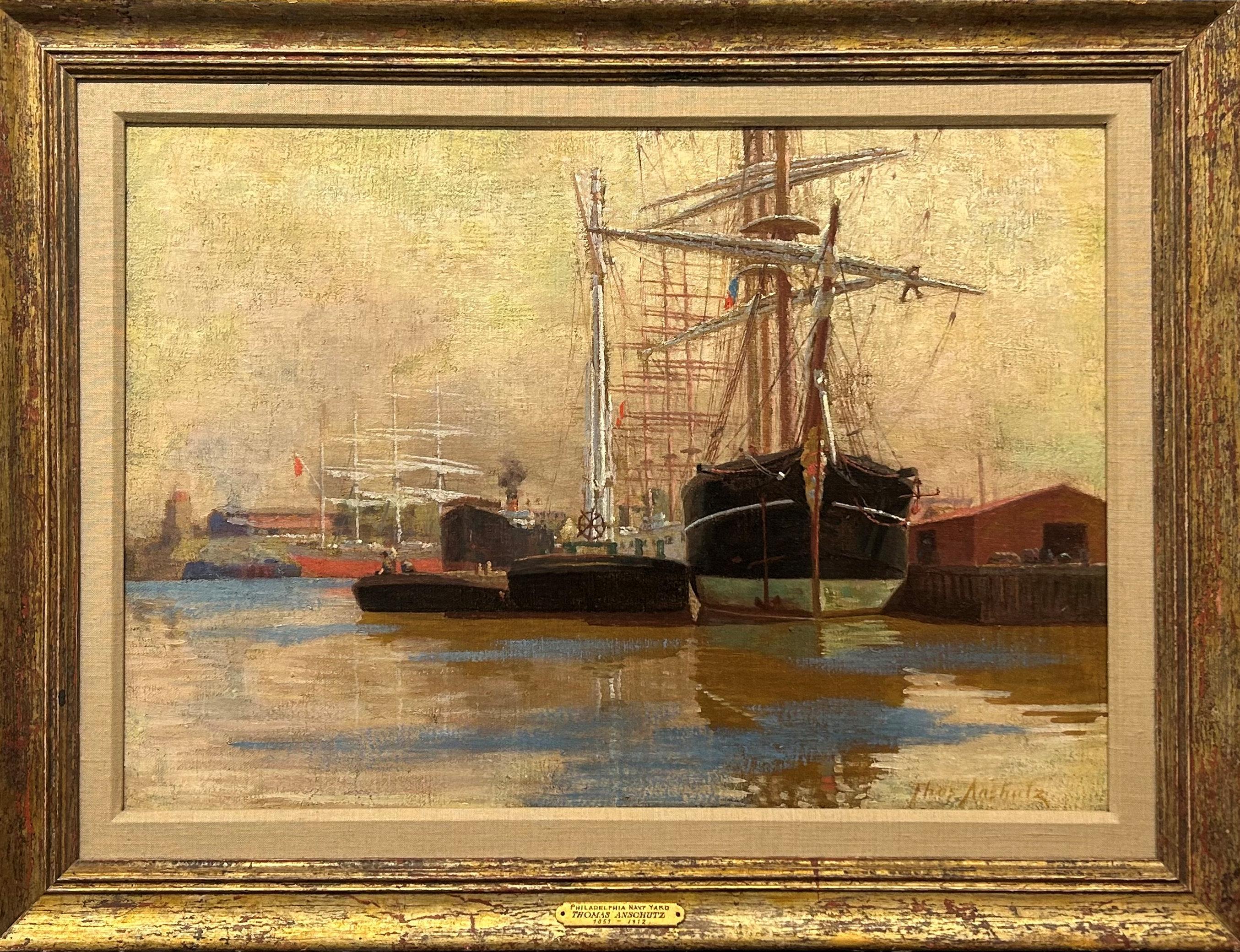 “Harbor Scene (Philadelphia Navy Yard)” Thomas Anshutz, Ashcan, Delaware River - Painting by Thomas P Anshutz