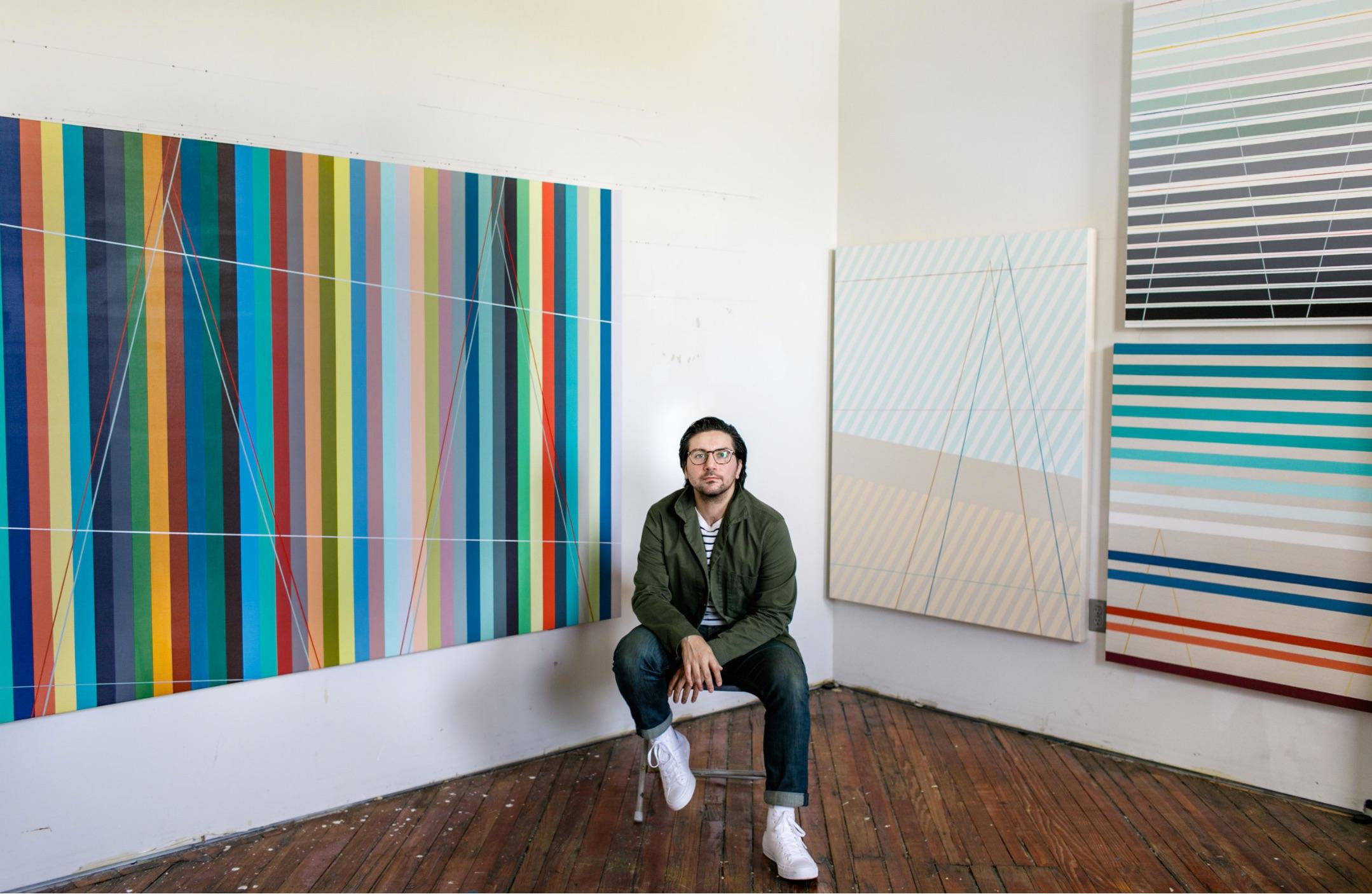 This is an original geometric abstract canvas painting by NJ artist and painting professor, Thomas Paul Raggio. It is signed, titled, and dated on the back. It has substantial stretcher bars with the canvas neatly wrapped around the edges, so it