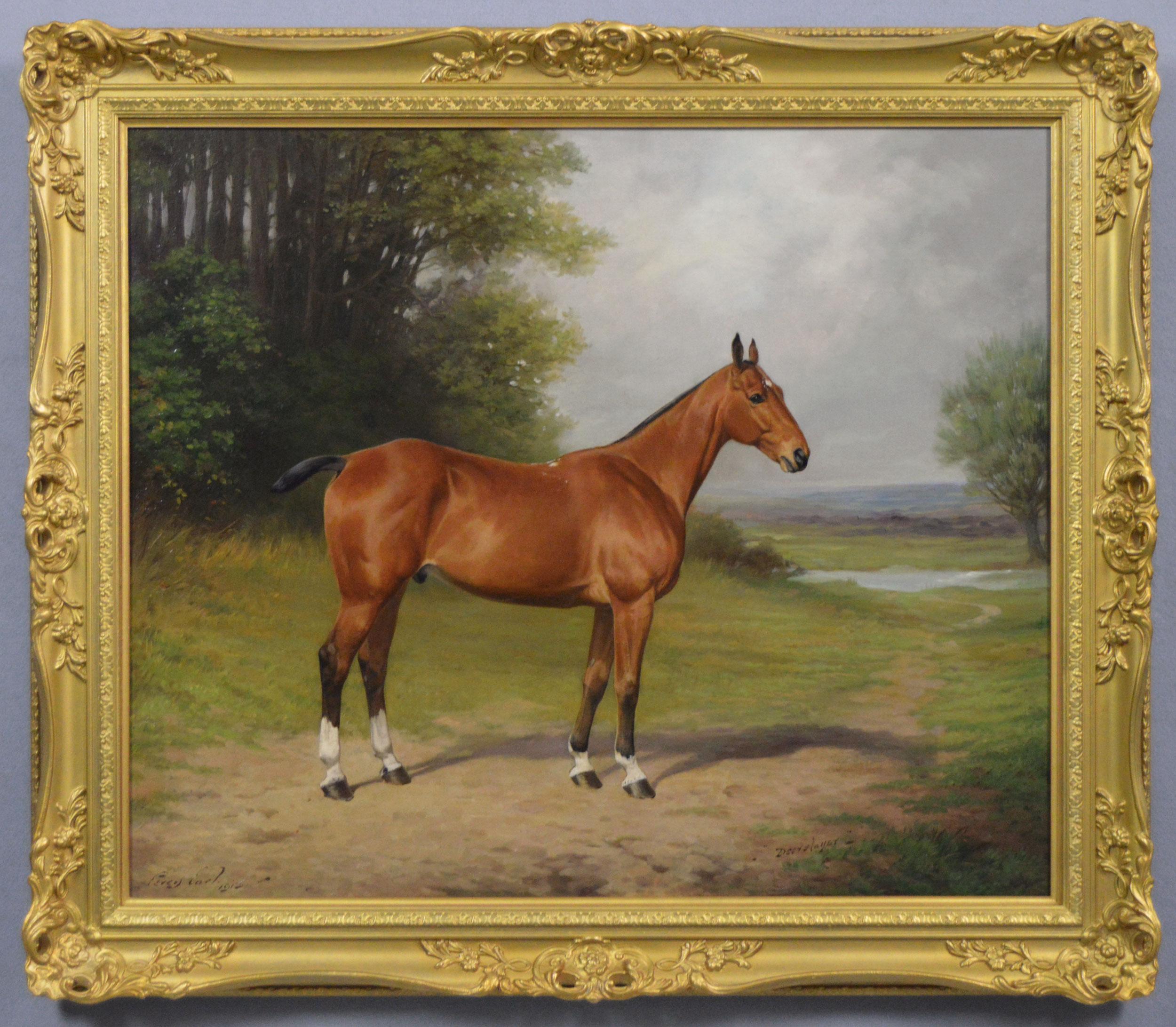 Horse portrait oil painting of a bay hunter in a landscape